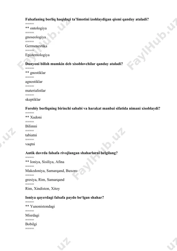 ng? ==== ** xususiylik ==== zarurat ==== tasodif ==== sababiyat falsafaning juft kategoriyalarini aniqlang? ==== ** zarurat ==== alohidalik ==== xususiylik ==== umumiylik falsafa qonunlari nechta? ==== ** 3 ta ==== 4 ta ==== 5 ta ==== 6 ta dialiktika atamasi qaysi tilgan olingan? ==== ** yunon ==== rim ==== rus ==== ingliz falsafa tarixida dialiktika nechi bosqichda o‘rganiladi? ==== ** 4 ==== 5 ==== 6 ==== 7 dialiktikaning 3 ta qonunini asoslab fanga kiritgan faylasufni aniqlang? ==== ** gegel ==== kant ==== bekon ==== ibn sino mif so‘zining ma’nosini aniqlang? ==== ** afsona, rivoyat ==== yolg‘on ==== tarix ==== ertak, chupchak u yoki bu predmetni mo‘jizakor xislatlarga, odamlar hayotiga ta’sir ko‘rsatish qobiliyatiga ega deb hisoblaydigan diniy dunyoqarash shaklini aniqlang? ==== ** fetishizm ==== totemizm ==== animizm ==== magiya diniy dunyoqarash shakllaridan nafaqat odamlar, balki hayvonlar, predmetlar va borliq hodisalarini ham ruh, jon boshqarib turishiga ishonish qanday nomlanadi? ==== ** …