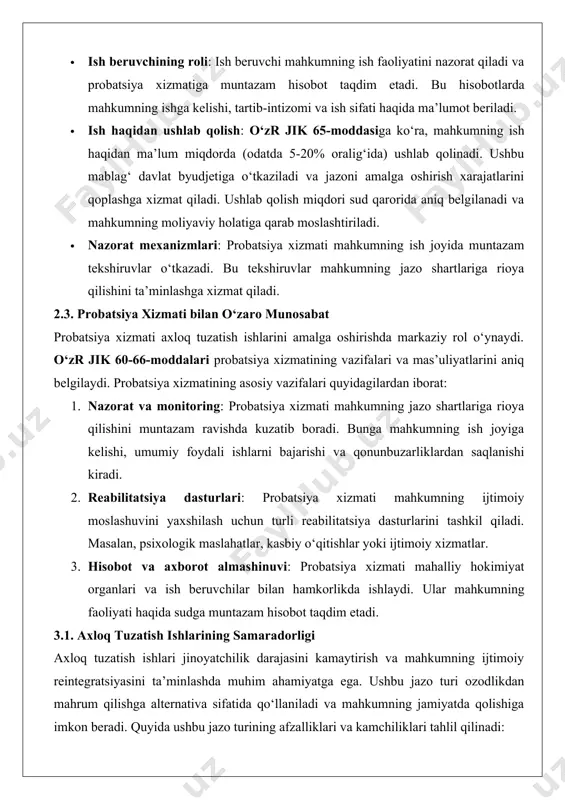 arining samaradorligi axloq tuzatish ishlari jinoyatchilik darajasini kamaytirish va mahkumning ijtimoiy reintegratsiyasini ta’minlashda muhim ahamiyatga ega. ushbu jazo turi ozodlikdan mahrum qilishga alternativa sifatida qo‘llaniladi va mahkumning jamiyatda qolishiga imkon beradi. quyida ushbu jazo turining afzalliklari va kamchiliklari tahlil qilinadi: afzalliklari: · iqtisodiy samaradorlik: ozodlikdan mahrum qilish bilan solishtirganda, axloq tuzatish ishlari davlat byudjetiga kamroq yuklama keltiradi, chunki mahkum jamoat joylarida foydali ishlarni bajaradi. · ijtimoiy reintegratsiya: mahkum o‘z oilasi va ijtimoiy muhitida qoladi, bu uning jamiyatga qayta moslashishini osonlashtiradi. · axloqiy tuzalish: umumiy foydali ishlarni bajarish mahkumda mas’uliyat hissi va jamiyatga foyda keltirish istagini uyg‘otadi. kamchiliklari: · nazorat muammolari: ba’zi hollarda probatsiya xizmati mahkumning faoliyatini yetarli darajada nazorat qila olmaydi, bu esa jazo shartlarining buzilishiga olib keladi. · ish joyidagi qiyinchiliklar: mahkumning ish joyida jazo shartlarini bajarishi ish beruvchi va mahkum o‘rtasida nizolarga sabab bo‘lishi mumkin. · ijtimoiy stigma: mahkum jamoat joylarida ishlayotganda ijtimoiy stigma bilan duch kelishi mumkin, …