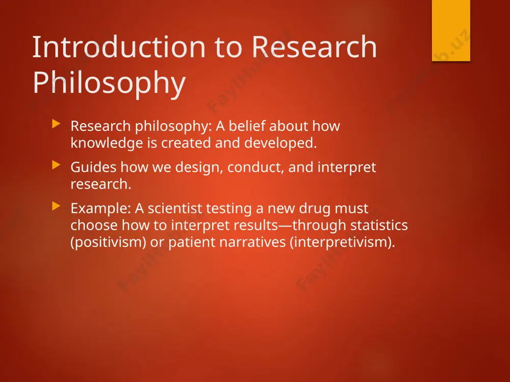e facts. methods: quantitative methods like experiments and surveys. example: conducting a double-blind clinical trial to avoid bias. interpretivism explained belief: reality is subjective. methods: qualitative methods like interviews and case studies. example: conducting in-depth interviews to understand personal experiences. critical realism explained combines realism and interpretivism. acknowledges both observable reality and subjective experience. example: studying poverty by analyzing both income statistics and personal narratives. pragmatism explained focuses on practical solutions. belief: truth depends on what works in practice. example: a company may use both customer surveys and sales data to improve products. reflection of ontology in research research questions based on assumptions about reality. example: a realist may study global phenomena as universal truths. example: a study of water pollution may assume pollution levels exist regardless of observer perception. reflection of epistemology in research guides the research design. example: positivists may use controlled experiments. example: testing a new app’s …