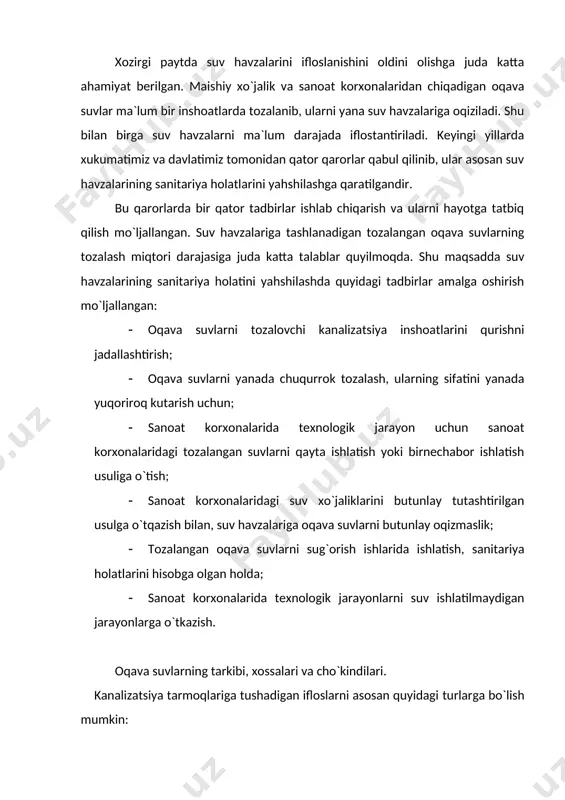 , kislotalar, ishqorlar va boshqa shunga o`xshash moddalar. organik chiqindilar hosil bo`lish sharoitiga va turiga ko`ra ikki turga bo`linadilar: o`simlikdan hosil bo`lgan, jonivorlardan hosil bo`lgan. o`simlikdan hosil bo`lganlariga o`simliklar, mevalar, sabzavotlar qoldiqlari, qog`oz, o`simlik moylari va boshqalar kiradi. bu chiqindilarga kiruvchilar tarkibidagi asosiy kimyoviy modda-uglerod. jonivorlardan hosil bo`lgan chiqindilarga odamlar va hayvonlardan fizologik ajralgan ifloslar, jonivorlarning to`qima qoldiqlari, organik kislotalar va boshqalar kiradi. bu chiqindilarga kiruvchilar tarkibidagi asosiy kimyoviy modda-azot. maishiy xo`jaliklardan chiqadigan oqava suvlar tarkibi taxminan 60%ni organik chiqindilar va 40%ni mineral chiqindilar tashkil qiladi. sanoat korxonalaridan chiqadigan oqava suvlar tarkibidagi chiqindilar miqtori boshqacha bo`lishi mumkin, ularning miqtori korxonada ishlov beriladigan maxsulotning turkumiga va texnologik jarayoniga bog`liq bo`ladi. bakterial ifloslarga tirik mikrojonzodlar kiradi- xamirturish, mug`or zamburug`i, mayda yo`sin va har xil bakterialar. maishiy xo`jalik oqava suvlarida kasal tarqatuvchi bakterialar ham bo`ladi, dizinteriya, tif, gijja odamlarning va hayvonlarning fizologik chiqindilari bilan birga oqava suv tarkibiga tushishi mumkin. sanoat chiqindilaridan chiqadigan …