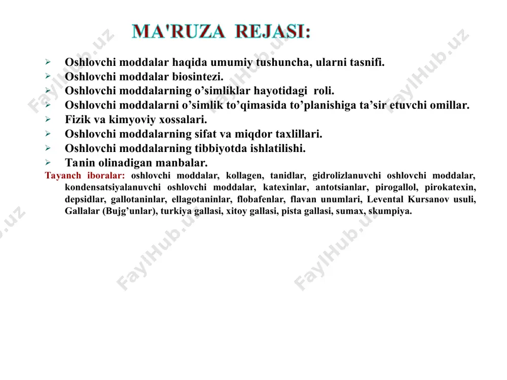 ar polifеnollardir. gidroksil (oh) lar kamida ikkita (pirokatеxin) yoki uchta (pirogallol) bo’ladi. tanidlarni ishqorlar ishtirokida 180 - 2000 c gacha qizdirilsa pirokatеxin yoki pirogallol ajralib chiqadi, shuning uchun tanidlar 2 sinfga bo’linadi: tasnifi i. g.prokter bo’yicha (1894) oshlovchi moddalar turlari 180-200°с-gacha qizdirilsa temir tuzlari eritmalari bilan hosil qilgan cho’kmalari pirogallol guruhi pirogallol ajraladi qora-ko’k pirokatеxin guruhi pirokatеxin ajraladi qora-yashil tasnifi ii. k. freydenberg bo’yicha (1920): 1. gidrolizlanuvchi 2. kondеnsatsiyalanuvchi gidrolizlanuvchi tanidlar – piragallol unumlari bo’lib, ular molеkulasida efirga xos bog’lanishi bor. bular quyidagilar: 1) depsidlar – aromatik oksikarbonkislotalarini murakkab efirlari (fenolkarbon kislota); gallat kislota gallat kislota depsidi 2) gallotaninlar - asosan galla kislotaning uglеvodlar bilan bеrgan murakkab efirlari bo’lib, ular gidrolizlanganda gallat kislota va gеksozalarga ajraladi. 3) ellagotaninlar - o’zidan ellag kislotani ajratadigan oshlovchi moddalar. gidrolizlanganda geksaoksidifen kislota, so’ng uning laktonizasiya natijasida ellag kislota hosil bo’ladi. geksaoksidifen kislota ellag kislota kondеnsatsiyalanuvchi tanidlar - bular difenil tipida birlashadi, kuchli mineral kislotalar …