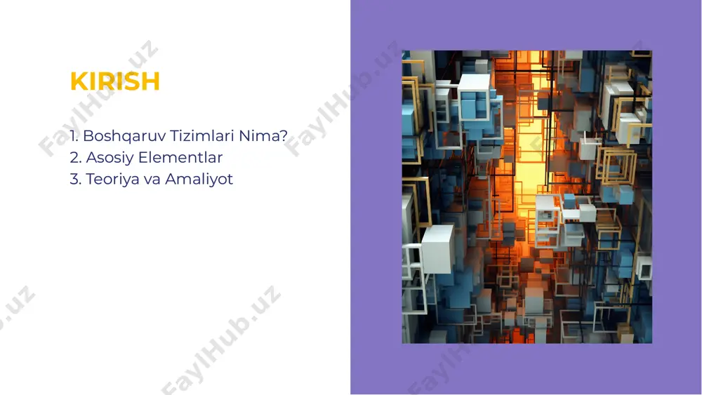 jalashtirish, tashkil etish, boshqarish va nazorat qilish. har bir jarayon o'ziga xos vazifalarga ega va tizimning samaradorligini oshirishga yordam beradi. ularni to'g'ri boshqarish muhimdir. resurslarni boshqarishresurslarni boshqarish resurslarni boshqarish - bu inson, moddiy va moliyaviy resurslarni samarali foydalanishdir. resurslar to'g'ri boshqarilsa, tashkilotning maqsadlariga erishish osonlashadi. bu jarayonda strategik rejalashtirish muhim ahamiyatga ega. resurslarni boshqarish - bu inson, moddiy va moliyaviy resurslarni samarali foydalanishdir. resurslar to'g'ri boshqarilsa, tashkilotning maqsadlariga erishish osonlashadi. bu jarayonda strategik rejalashtirish muhim ahamiyatga ega. nazorat tizimlarinazorat tizimlari nazorat tizimlari boshqaruv jarayonlarida muhim rol o'ynaydi. ular tashkilot faoliyatini baholash va tahlil qilish uchun zarur. nazorat qilish orqali xatoliklarni aniqlash va tuzatish mumkin. nazorat tizimlari boshqaruv jarayonlarida muhim rol o'ynaydi. ular tashkilot faoliyatini baholash va tahlil qilish uchun zarur. nazorat qilish orqali xatoliklarni aniqlash va tuzatish mumkin. tashkilotlarda boshqaruv tizimlari amaliy misollari ko'plab mavjud. ular orqali nazorat tizimlari, resurslarni boshqarish va jarayonlarni optimallashtirish kabi strategiyalarni ko'rishimiz mumkin. bu misollar …