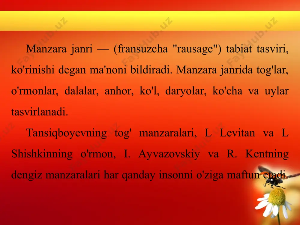 hi kerak. rassom tabiatning turli holatlarini o'z asarlarida aks ettiradi. 100-rasm. i. ayvazovskiy. "to'qqizinchi to'lqin" 101-rasm. i. levitan. "mart" 24-25-amaliy mashg'ulot erkin mavzuda manzara ishlash tabiatning turli holatlarini kuzatgansiz. bahor va kuzda yomg'ir oldidan qattiq shamol bo'lib, chang-to'zon ko'tarilishi, chaqmoq chaqib, momaqaldiroq bo'lishi, kuchli yoki kuchsiz yomg'ir yog'ishi, yana bir zumda havo ochilib quyosh charaqlab chiqib ketishi, kamalak hosil bo'lishini ko'rgansiz. tabiatning qaysi holatini chizmoqchi ekanligingizni aniq belgilab oling. grafik ish (maktab, sinf emblemasini ishlash) emblema — yunon tilidan olingan bo'lib, biror g'oyani shartli tasvirlash ma'nosini bildiradi. masalan, vazaga o 'ralgan ilon tasviri tibbiyot, kitob - ta'lim va ma'naviyat, yer shari - xalqaro miqyos, kabutar — tinchlik belgisi sifatida qo'llaniladi. maktab emblemasini tasvirlaganda mazmun va g'oya quyidagi yo'nalishlami o'z ichiga qamrab olishi mumkin: maktab, ta'lim maskani bo'lgani uchun kitob tasviri bo'lishi kerak. maktab ziyo taratuvchi dargoh bo'lgani uchun quyosh tasviridan foydalanish mumkin. emblemada maktab raqami va viloyat, shahar, tuman nomi …