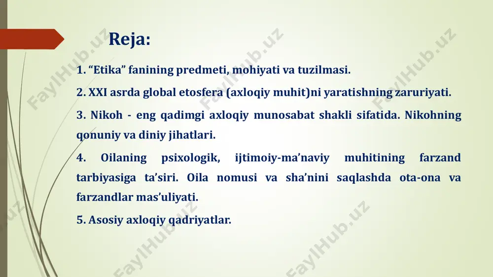 o'sha odamning o'zi buzilgandir” hadisdan o'ziga nisbatan xolis baho bermagan inson boshqalarga ham baho berishda ham xolis bo'la olmaydi. hayotda axloq manfaatga emas, balki manfaat axloqqa bo'ysunishi lozim. agar manfaat axloqdan ustun deb qaralsa, kishilar barchaga ayon bo'lgan oddiy haqiqatni ham inkor etish yo'liga o'tib oladilar. odamzod orasida shundaylar bo'lgan, bundan keyin ham bo'ladi. etikaning asosiy katigoriyalari ezgulik va yovuzlik “yaxshilikni chehrasi ochiq, hushro'y odamlardan kutinglar” hadisdan yaxshilik va yomonlik. yaxshilik – shaxsning odobiga, xulqiga bog'liq bo'lgan ijobiy xodisa. unda mardlik, ochiqko'ngillik, halollik singari axloqiy me'yorlar tajassum topadi. saxix hadislarda yozilishicha “yaxshilik nafsingiz taskin topib, dilingiz orom oladigan ishdir” yomonlik yoki gunoh esa uning aksidir, garchi muftiylar fatvo bersalar ham o'z qalbiningizga qarab ish tuting.” kamtarlik va takabburlik. kamtarlik – eng avvalo o'z – o'ziga talabchanlik, o'z harakatlariga, ishiga, bilimiga tanqidiy qarash, o'ziga, kuch – quvvatiga ortiqcha baho bermaslikdir. kamtarlik - tortinchoqlik va haddan tashqari andishalilikdan farq qiladi. ular orqasidan …