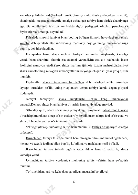 chi o’ringa ega bo’lib, tarbiya tufayli nasl-nasabi, oila muhiti, ijtimoiy muhit ta’sirida har tomonlama rivojlanishga qodir, degan xulosani chiqarish mumkin. shaxs rivojlanishida faoliyatnig o’rni. shaxs rivojlanishida irsiyat, muhit, tarbiya bilan bir qatorda inson faoliyati ham muhim ahamiyat kasb etadi. bu degani inson qanchalik mehnat qilsa, uning rivojlanishi shunchalik yuqori bo’ladi. faoliyat o’zi nima?faoliyatinson tomonidan tabiiy va ijtimoiy hayotni maqsadga muvofiq o’zgartirishga yo’naltirilgan ijtimoiy-tarixiy turmushning o’ziga xos shaklidir. insonning qobiliyati va yoshi u tomonidan tashkil etilayotgan faoliyat mohiyatiga ko’ra belgilanadi. faoliyat jarayonida inson shaxsi, har tomonlama va bir butun, yaxlit holda rivojlanadi. lekin faoliyatni maqsadga muvofiq amalga oshirishi uchun uni to’g’ri tashkil etish lozim. lekin ko’p holatlarda shaxsning rivojlanishi uchun imkoniyatlar yaratilmaydi, tarbiyalanuvchilarning ijtimoiy mehnat, bilish faoliyatlari cheklangan bo’ladi. o’smir va o’spirinlar faoliyatining asosiy turlariga o’yin, o’qish va mehnat kiradi. ular yo’nalishiga ko’ra bilishga doir, ijtimoiy, sport, badiiy, texnik, hunarmandchilik hamda shaxsiy qiziqishga ko’ra tanlangan sohalardan iborat.faoliyatning asosiy turi – muloqotdir. …