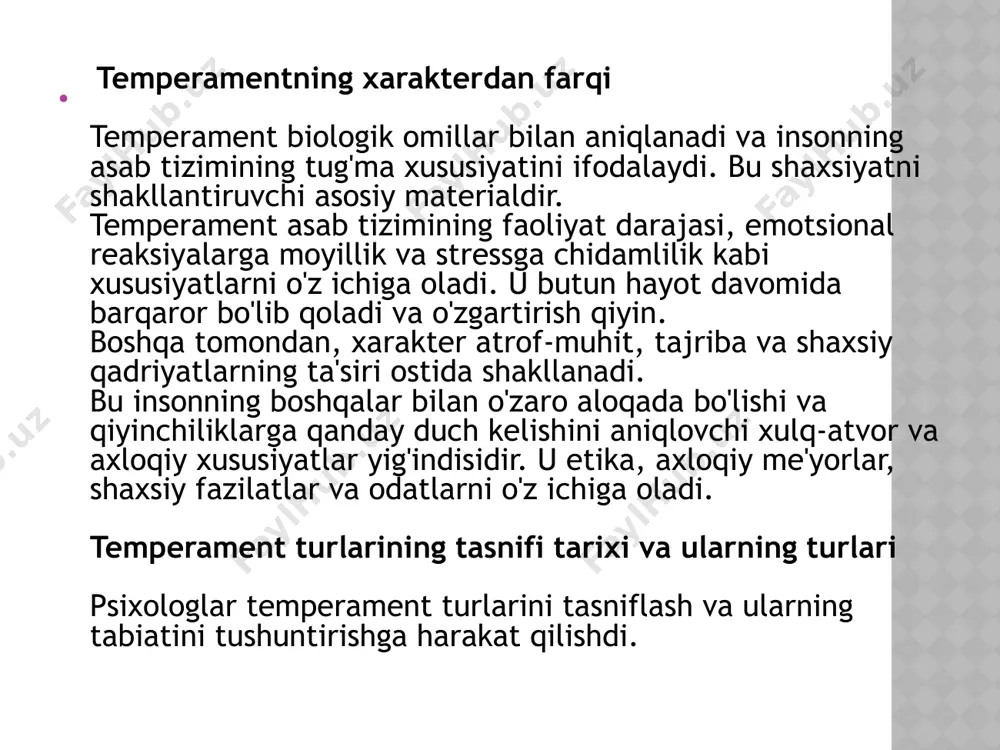 chli tomonlari: yuqori motivatsiya va energiya darajasiga ega. boshqa odamlar bilan oson til topadi. atrofdagilarni ilhomlantiradi va motivatsiya qiladi. xolerikning kamchiliklari – bu emotsional ifodalarda sabrsizlik, mojarolarga moyillik va tafsilotlarga yetarlicha e'tibor bermaslik. sangvinik sangviniklar yorqin, kirishimli va optimistik shaxslar. ular yangi tanishuvlarni osonlik bilan amalga oshiradi, emotsional jihatdan sezgir va suhbatlarda yoqimli muhitni saqlaydi. sangviniklarning kuchli tomonlari: yuqori kommunikativ ko'nikmalarga ega va turli odamlar bilan aloqa o'rnatadi. yangi vaziyatlarga tez moslashadi. yaxshi hazil tuyg'usiga ega. sangvinikning kamchiliklari uzoq muddatli konsentratsiyaga qobiliyatsizlik va yuzaki qarorlar qabul qilishga moyillik. flegmatik flegmatiklar tinchlik, barqarorlik va muvozanatlilik bilan ajralib turadi. ular kamdan-kam hollarda o'zini yo'qotadi, mojarolardan qochishni afzal ko'radi. ular yuqori darajadagi sabr-toqatni namoyon etadi. flegmatiklarning kuchli tomonlari: yaxshi mantiqiy fikrlash ko'nikmalariga ega. mantiqan va izchillik bilan mulohaza yuritish qobiliyatiga ega. qarorlarda barqaror. emotsiyalar ta'siriga kamdan-kam uchraydi. flegmatikning kamchiliklari – passivlik va tashabbuskorlikning etishmasligi. ular ortiqcha inertlikni namoyon qilishi mumkin. flegmatik flegmatiklar tinchlik, …