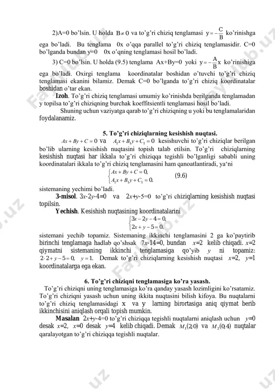 asi hosil bo’ladi. shuning uchun vaziyatga qarab to’g’ri chiziqning u yoki bu tenglamalaridan foydalanamiz. 5. to’g’ri chiziqlarning kesishish nuqtasi. 0 свуах va 0111  сувха kesishuvchi to’g’ri chiziqlar berilgan bo’lib ularning kesishish nuqtasini topish talab etilsin. to’g’ri chiziqlarning kesishish nuqtasi har ikkala to’g’ri chiziqqa tegishli bo’lganligi sababli uning koordinatalari ikkala to’g’ri chiziq tenglamasini ham qanoatlantiradi, ya‘ni      .0 ,0 111 сувха свуах (9.6) sistemaning yechimi bo’ladi. 3-misol. 3х-2у-4=0 va 2х+у-5=0 to’g’ri chiziqlarning kesishish nuqtasi topilsin. yechish. kesishish nuqtasining koordinatalarini      .052 ,0423 ух ух sistemani yechib topamiz. sistemaning ikkinchi tenglamasini 2 ga ko’paytirib birinchi tenglamaga hadlab qo’shsak 7х-14=0, bundan х=2 kelib chiqadi. х=2 qiymatni sistemaning ikkinchi tenglamasiga qo’yib у ni topamiz: .1,0522  уу demak to’g’ri chiziqlarning kesishish nuqtasi х=2, у=1 koordinatalarga ega ekan. 6. to’g’ri chiziqni tenglamasiga ko’ra yasash. to’g’ri chiziqni uning tenglamasiga ko’ra qanday yasash lozimligini ko’rsatamiz. to’g’ri chiziqni yasash …