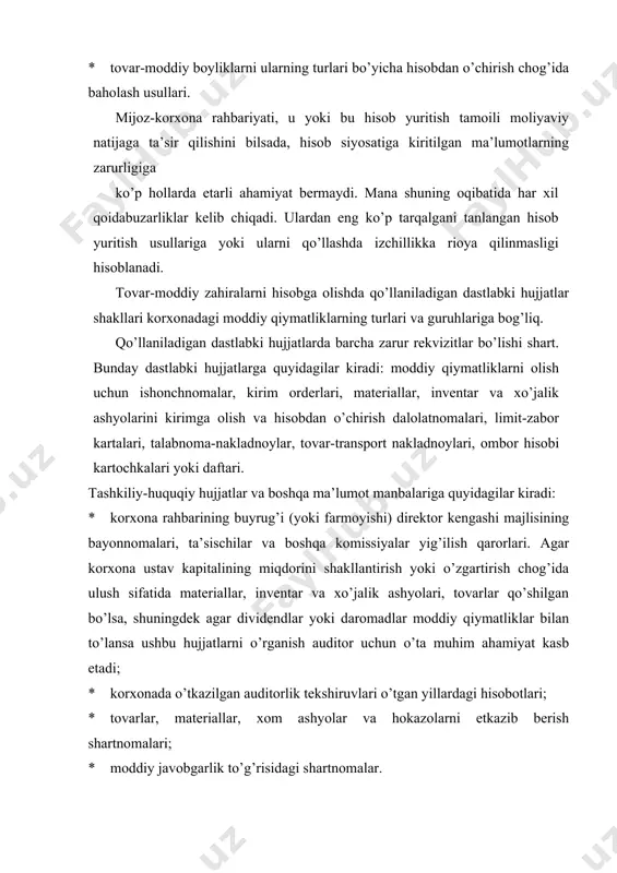 g’risidagi shartnomalar. auditorning korxona xodimlari bilan rahbariyat tarkibidagi, buxgalteriya hisobi va ichki nazorat tizimidagi o’zgarishlar to’g’risidagi suhbatlari tekshiruv uchun zarur qo’shimcha axborotlar berishi mumkin. bunday o’zgarishlarning natijalari ishchi hujjatlarda rasmiylashtirilgan bo’lishi lozim. tovar-moddiy zahiralar bilan bog’liq muomalalarni tekshirishda foydalaniladigan axborotlar korxonaning buxgalteriya hisobotlari va hisob registrlarida aks ettiriladi. bulardan «buxgalteriya balansi» (1-shakl)da - tovarmoddiy zahiralar to’g’risidagi ma’lumotlar balans aktivining ii-«aylanma mablag’lar» bo’limida joylashgan «ishlab chiqarish zahiralari»moddasi (120 satr) va «tugallanmagan ishlab chiqarish» (130-satr) moddalarining ma’lumotlari tekshiriladi. tovar-moddiy zahiralarni hisobga olishga doir buxgalteriya registrlari xilmaxil bo’lishi mumkin. ular korxonada qo’llanilayotgan buxgalteriya hisobi shakli va usullariga, hamda mavjud tovar-moddiy zahiralarning turlari va guruhlariga bog’liq. ammo, har qanday holatda ham auditor 1010-1090, 1080, 1510 va 1610 schyotlar bo’yicha analitik va sintetik hisob registrlarini, qoldiq vedomostlari, omborxona hisobi kartochkalari, daftarlar, inventarizatsiya materiallarini hamda tugallanmagan ishlab chiqarishlar (2010, 2110, 2310-schetlar) bo’yicha hisob registrlarini tahlil qilib chiqishi lozim. 2. tovar-moddiy zahiralarni auditorlik tekshiruvidan o’tkazish ketmaketligi. tovar-moddiy …