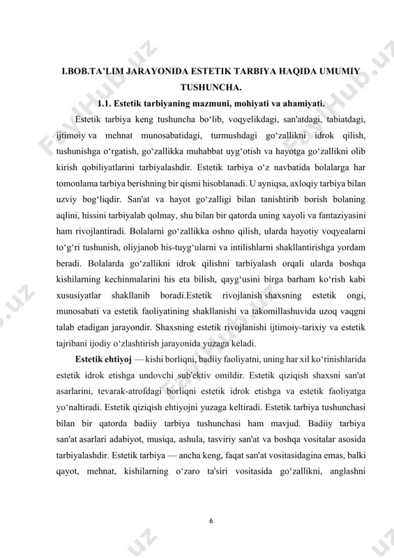sitasidagina emas, balki qayot, mehnat, kishilarning o‘zaro ta'siri vositasida go‘zallikni, anglashni tarbiyalaydi. san'atda esa estetikaning turli-tuman masalalari namoyon bo‘ladi. ayniqsa, kishining fikr- irodasi madh etiladi, uning tarbiyalovchi roli ham shunda namoyon bo‘ladi. shuning uchun san'at estetik tarbiyaning mazmuni va vositasi hisoblanadi. estetik tarbiya axloqiy mehnat va jismoniy tarbiya bilan chambarchas bog‘liqdir. estetik va axloqiy tarbiyaning o‘zaro bog‘liqyaigi shundaki, kishining go‘zallikni idrok etishdan quvonish, uning boshqa kishilarga yaxshilik qilganidan xursand bo‘lishga o‘xshab ketadi. aksincha, go‘zallikni ko‘ra bilmaslik, undan zavqlana olmaslik yomon ishlarni qilishga olib keladi. san'atning tarbiyaviy kuchi shundaki, odamni hayotdagi voqyealarni, hodisalarni chuqur his-hayajon bilan idrok etishga majbur etadi. estetik tarbiya mehnat tarbiyasi bilan ham bog‘liq. mehnat faoliyati bolalarni quvontiradi. go‘zallik quvonchisiz mehnat quvonchi bo‘lmaydi. mehnat quvonchi bu turmush quvonchidir. agar inson estetik jihatdan tarbiyalangan bo‘lsa, u har qanday qiyin ishda ham go‘zallikni ko‘ra oladi va uni zo‘r zavq-shavq bilan bajaradi. estetik va jismoniy tarbiya o‘rtasida mustahkam bog‘lanish mavjud bo‘lib …