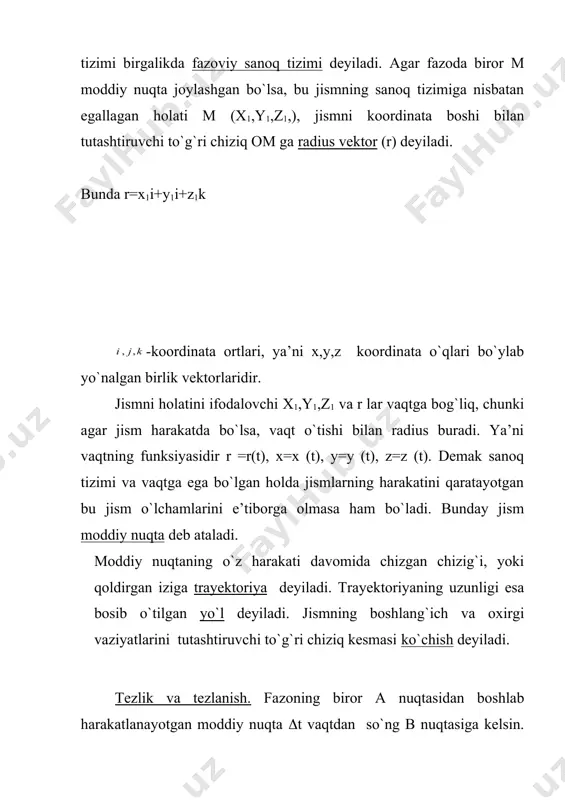 const bo`lganda tezlik (=(0+at bosib o`tilgan yo`l . si birliklar tizimida tezlanish o`lchov birligi [a]= [(]/[t]=m/s/s=[m/s2]. normal va tangensial tezlanish. egri chiziqli harakatda tezlik vektori trayektoriyaning har bir nuqtasiga o`tqazilgan urinma bo`ylab yo`naladi. agar harakat egri chiziqli tekis bo`lsa tezlikni yo`nalishi o`zgaradi. тezlikni yo`nalish jihatdan birlik vaqtda o`zgarishini ifodalovchi tezlanishga normal tezlanish deyiladi. тezlikni birlik vaqtda son qiymatini o`zgarishini ifodalovchi ((2 tezlanishga tangensial tezlanish deyiladi. a nuqtadagi oniy tezlanish a=an+at тangensial tezlanish trayektoriyaga urinma bo`ylab yo`naladi. normal tezlanish esa egrilik radiusi bo`ylab markazga tomon yo`naladi. pifogor teoremasiga asosan rasmdan ko`rinib turibdiki (as((oba shuning uchun u holda demak, u holda egri chiziqli harakatda umumiy tezlanish ifoda bilan aniqlanadi. aylanma harakat kinematikasi. burchakli tezlik, burchakli tezlanish. aylanma harakat deb shunday harakatga aytiladiki bunda qattiq jismning barcha nuqtalari, markazlari bir to`g`ri chiziqda yotadigan aylanalarni bo`ylab harakatlanadi. aylanma harakatda burchakli tezlik va burchakli tezlanish kattaliklari bilan harakterlanadi. burchakli tezlik deb aylanish radiusining birlik vaqtda …