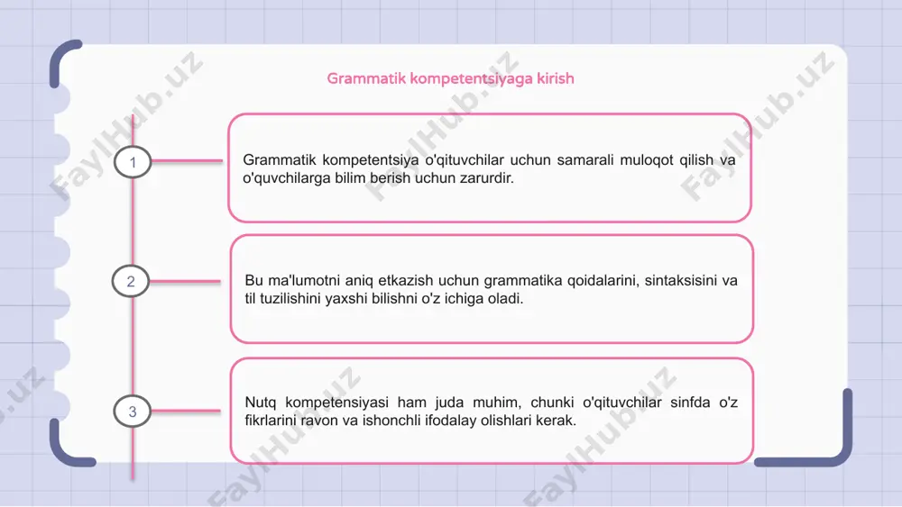 im olishiga ijobiy ta’sir ko‘rsatishi mumkin. o'qituvchilar ushbu ko'nikmalarni oshirish uchun uzluksiz kasbiy rivojlanish bilan shug'ullanishlari kerak. tilga yo‘naltirilgan o‘qitish strategiyalarini amalga oshirish, grammatik va nutqiy faoliyatni dars ishlanmalariga kiritish o‘qituvchining bu boradagi malakasini yanada oshirishi mumkin. tildan foydalanish bo'yicha hamkasblar va talabalarning fikr-mulohazalarini izlash grammatik va nutqiy kompetentsiyani yaxshilash va takomillashtirish sohalarini aniqlashda ham foydali bo'lishi mumkin. e'tiboringiz uchun rahmat