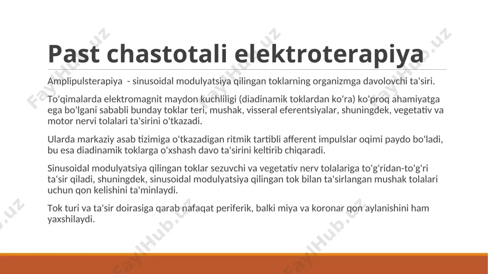 uqurligi (0-100%) modulyatsiyalangan 5 khz chastotali o’zgaruvchan sinusoidal toklardan foydalaniladi. ular generatsiyasining ikkita rejimi ishlatiladi - o'zgaruvchan (tokning amplitudali pulsatsiyasi) va doimiy (monopolyar sinusoidal impulslar). modullovchi tokining amplitudasi 50 ma dan oshmaydi. amplipuls terapiyani aniq ketma-ketlikda alohida tok tebranishlari seriyasining aniq ketma-ketligi bilan amalga oshiriladi terapevtik effektlar asosan to'g'rilangan rejimda ii va v turdagi ishlarni qo'llanganda ortadi. to'g'ri rejimda dorivor moddalar bilan amplipulsforez muolajasini amalga oshirish mumkin . qurilmalar «amplipuls-7», «amplpuls-8» qurilmalari, shuningdek, ko'p funktsiyali –kombaynlar, quyi («eleskulap-1», «mustang-melt-2»), o'rta («med-combi») , yuqori ("eleskulap-2") sinflar ishlatiladi. texnikasi muolajalar turli shaklli elektrodlar yordamida amalga oshiriladi, ularning maydoni patologik markazning o'lchamiga mos kelishi kerak. muolajaningning davomiyligi har kuni yoki kunora 20-30 daqiqadan oshmaydi; davolash kursi 6-10 muolajani tashkil etadi. mioelektrostimulyatsiya skelet mushaklariga past chastotali toklar orqali terapevtik ta'sir ko'rsatadi. mushaklarning elektr toki bilan ta’sirlantirilganda ularning bioelektrik faolligi o'zgaradi va mushaklarning qisqarishiga olib keladigan a a1 va a a2 guruh asab o’tkazgichlarining innervatsiya …