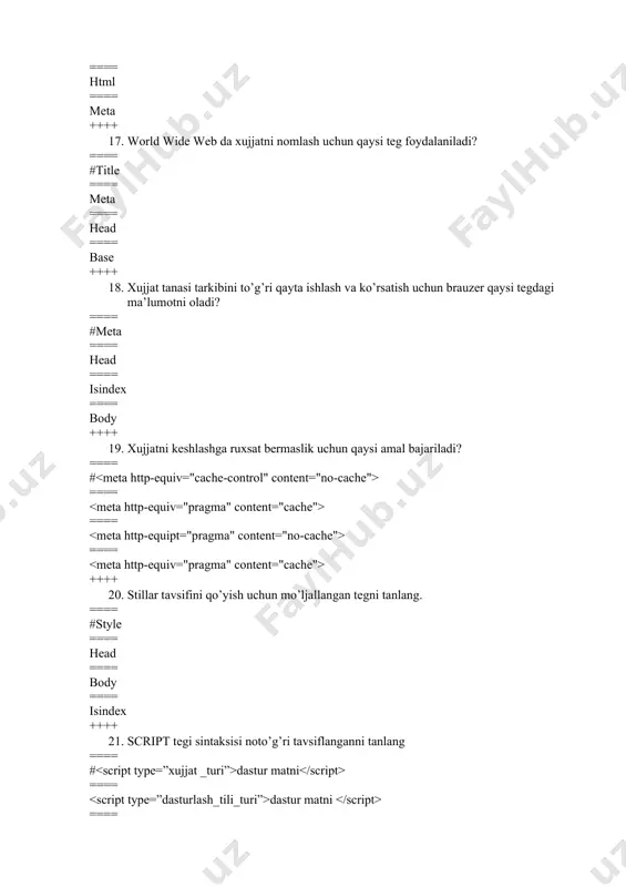 ini aniqlaydi ==== chegara qalinligini aniqlaydi ++++ 43. table tegining border atributi nima ish bajaradi? ==== #chegara qalinligini aniqlaydi ==== katakcha va tarkibi orasidagi masofani aniqlaydi ==== katakcha enini aniqlaydi ==== katakchalar orasidagi masofani aniqlaydi ++++ 44. table tegining bgcolor atributi nima ish bajaradi? ==== jadvalning fon rangi ==== starning fon rangi ==== katakchaning fon rangi ==== katakchalar orasidagi masofani aniqlaydi ++++ 45. td tegining background atributi nima ish bajaradi? ==== #katakcha uchun fon tasviri ==== jadval uchun fon tasviri ==== satr uchun fon tasviri ==== jadvalning fon rangi ++++ 46. tr tegining background atributi nima ish bajaradi? ==== #satr uchun fon tasviri ==== jadval uchun fon tasviri ==== katakcha uchun fon tasviri ==== jadvalning fon rangi ++++ 47. misollarning qaysi biri uchta katakchadan iborat bitta satrli jadval yaratadi? ==== # ==== ==== ==== ++++ 48. qaysi jadvalda matn katakchaning chap chegarasidan joylashgan? ==== # text text text text ==== …