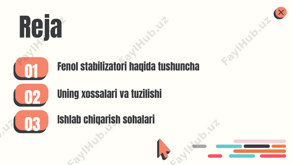 nafsha nurlanishdan himoya qilishda samarali natijalar ko'rsatadi, bu esa ularning sanoatdagi ahamiyatini oshiradi. photo by altumcode on unsplash 1 2 3 fenol stabilizatorlarining tahlili fenol stabilizatorlarining tahlil usullari: - spektroskopik usullar - xromatografiya - spektrometrik tahlil. ushbu usullar yordamida stabilizatorlarning kimyoviy tarkibi, toza holati va samaradorligi aniqlanadi. laboratoriya sharoitida olingan tahlil natijalari fenol stabilizatorlarining sifatini aniqlashda muhimdir. bu natijalar asosida fenol stabilizatorlarining amaliyotdagi ahamiyati va samaradorligini oshirishga qaratilgan rejalar ishlab chiqilishi mumkin. ishlab chiqarish sohalarida fenol stabilizatorlar fenol stabilizatorlari, ishlab chiqarishda sifatni oshirish va mahsulotlar barqarorligini ta'minlash uchun muhim ahamiyatga ega. ular ko'plab sanoat sohalarida, jumladan plastik, kauchuk va bo'yoq ishlab chiqarishda keng qo'llaniladi. asosiy fenol stabilizatorlari orasida antioxidantlar, uv filtrlari va stabilizatorlar mavjud. ular, masalan, plastiklar va kauchuklar uchun rang va shaklning o'zgarishini oldini olishda ishlatiladi. ishlab chiqarish jarayonlarida fenol stabilizatorlari mahsulotlarning umr bo'yi davomida barqarorligini ta'minlaydi va xarajatlarni kamaytiradi. ular, shuningdek, atrof-muhitga ta'sirni kamaytirishga yordam beradi. kelajakda fenol …