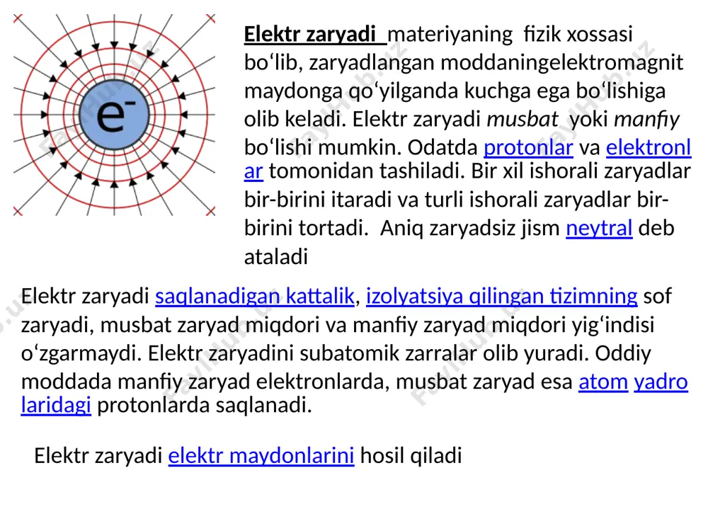 o‘lgan fizik kattalikka aytiladi, ya’ni bu yerda q – jismning v – hajmiga mos kelgan zaryad miqdori. zaryadning sirt zichligi deb, jismning bir birlik sirt yuzasiga mos kelgan zaryadga miqdor jihatdan teng bo‘lgan fizik kattalikka aytiladi. bu yerda q – jismning s yuzasiga mos kelgan zaryad miqdori. zaryadning chiziqli zichligi deb, jismning uzunlik birligiga mos kelgan zaryadga miqdor jihatdan teng bo‘lgan fizik kattalikka aytiladi, yani: kulon qonuni кulon qonuni ikkita qo‘zg‘almas nuqtaviy zaryadlar orasidagi o‘zaro taʼsir kuchi zaryadlarning har birining miqdorlari ko‘paytmasiga to‘g‘ri proporsional, ular orasidagi masofaning kvadratiga teskari proporsionaldir va uning yo‘nalishi zaryadlarni tutashtiruvchi to‘g‘ri chiziq bo‘ylab yo‘nalgandir elektr doimiysi + + izotrop muhitda kulon qonuni vektor ko ‘rinishda nuqtaviy bo‘lmagan, dq1 va dq2 zaryadlangan jismlar elementar zaryadlarga ajratiladi va ular uchun kulon qonuni quyidagi differensial ko‘rinishda yoziladi: ikkita zaryadlangan makroskopik jismning to‘la o‘zaro taʼsir kuchi ε – muhitning dielektrik singdiruvchanligi deb ataladi. u o‘lchamsiz kattalik bo‘lib, zaryadlar orasidagi …
