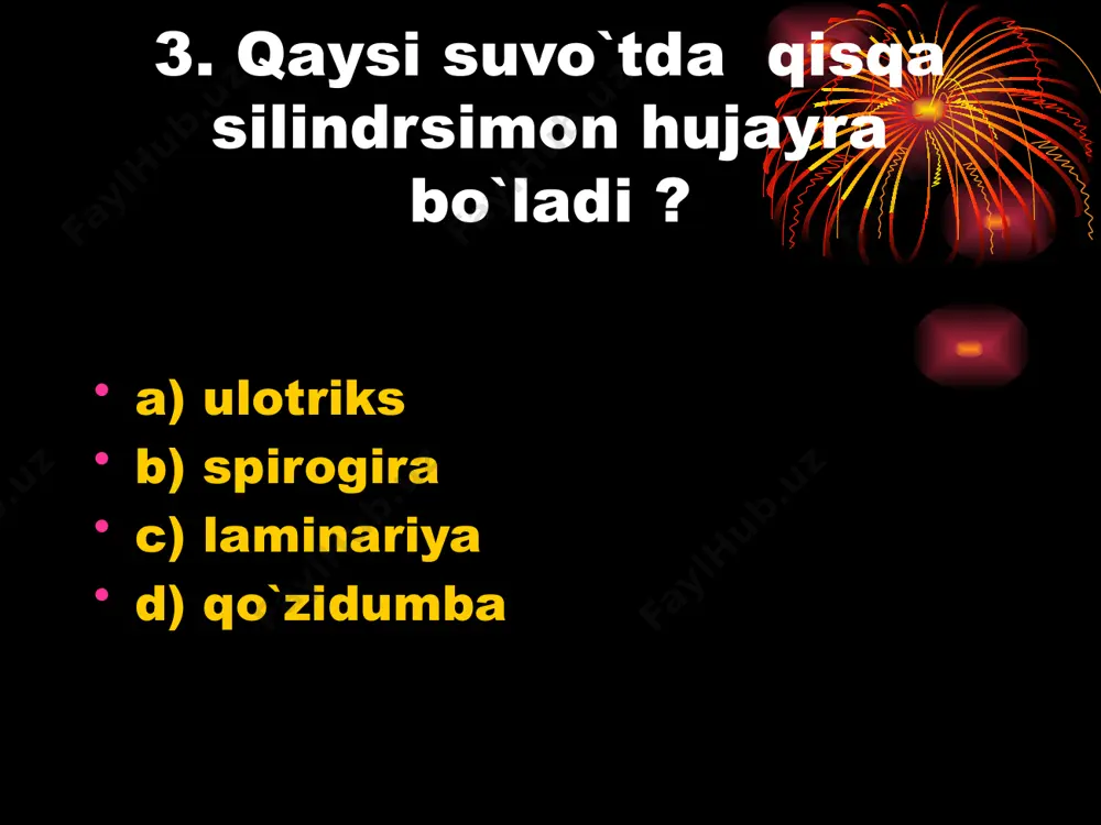 xara c) parmeliya d) laminariya 41. xlamidomonadaga xos bo`lmagan belgi va xossalar keltirilgan javobni aniqlang. a) bir hujayrali suvo`t b) ko`p hujayrali suvo`t c) iflos suvda uchraydi d) faqat toza suvda uchraydi e) ikki xivchinli f)xivchinsiz j) vakuolasiz h) vakuolali a) a, c, e, h b) a, c, e, j c) b, d, f, j d) b, d, e 42. qaysi suvo`tning tallomi ipsimon shoxlanmagan va yirik silindrsimon hujayralardan tuzilgan? a) ulotriks b) spirogira c) ulva d) laminariya 43. qaysi ko’p hujayrali suvo’tlarning tanasi shoxlanmagan (1) va shoxlangan (2)? a) ulotriks b) xlorella c) spirogira d)xara e)xlamidomonada a) 1-b, e; 2-d b) 1-d; 2-a, c c) 1-a, c; 2-d d) 1-a, c; 2-b, e, d 44. qaysi suvo’tlar suvda qalqib turadi (1), qaysilari suv tagidagi narsalarga yopishib o’sadi(2)? a) ulotriks b) spirogira c) laminariya a) 1-b; 2-a, c b) 1-b, c; 2-a c) 1-a, c; 2-b d) 1-a, b; 2-c …