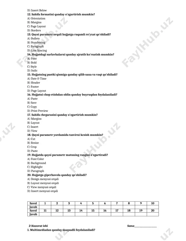 d) design menyusi orqali 10. taqdimotda slayd o'tish vaqtini qanday sozlash mumkin? a) duration menyusi orqali b) copy menyusi orqali c) view menyusi orqali d) insert menyusi orqali 11. taqdimotda qanday qilib auditoriyani jalb qilish mumkin? a) matnni kattalashtirish orqali b) ranglarni sozlash orqali c) o'tish va animatsiya effektlarini ishlatish orqali d) faqat matn qo'shish orqali 12. taqdimotda qanday qilib audio qo'shish mumkin? a) animations menyusi orqali b) insert menyusi orqali c) home menyusi orqali d) transitions menyusi orqali 13. qanday qilib taqdimotni avtomatlashtirish mumkin? a) taqdimotga vaqt va o'tish effektlarini qo'shish orqali b) matn qo'shish orqali c) faqat video qo'shish orqali d) faqat grafik qo'shish orqali 14. animatsiya nima uchun ishlatiladi? a) matnni saqlash uchun b) auditoriyani chalg'itish uchun c) slaydni qiziqarli qilish uchun d) faqat video qo'shish uchun 15. taqdimotga animatsiyalarni qanday qilib qo'shish mumkin? a) insert menyusi orqali b) transitions menyusi orqali c) design menyusi orqali d) …