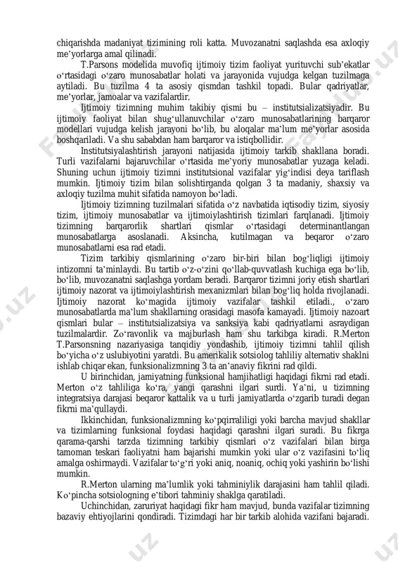 sh darajasini bildiradi. jamiyatning mustaqilligi uning a’zolariga o‘z ehtiyojlarini qondirishga imkoniyat yaratib berishi, tor darajadagi kasbiy faoliyat bilan shug‘ullanishi, madaniyat, fan va boshqa sohalardagi yutuqlar bilan tanishishi, o‘z vazifalarini ado etishi uchun shart- sharoitlar yaratishida namoyon bo‘ladi. bu imkoniyatlar insonlarga o‘z maqsadlariga erishishda yangilik va qulaylik yaratib beradi. jamiyatning to‘rtinchi farqli belgisi shuki, u muvofiqlashish xususiyatiga ega. har bir yangi avlod jamiyatda ijtimoiy sharoitlarga muvofiq shakllanadi. bu yo‘nalishda yangicha ijtimoiy ta’lim, turli me’yorlar institutsional tarzda rivojlanib boradi. shu bilan bir vaqtda odamlarga azaldan urf bo‘lib qolgan an’analar, axloqiy me’yorlar saqlab qolinadi. yuqoridagilarni hisobga olib, jamiyat tushunchasiga quyidagicha ta’rif berish maqsadga muvofiq. jamiyat – bu tarixiy shakllanish bosqichlari, o‘z ehtiyojlarini qondirish yo‘lida birlashgan, g‘oyalari va maqsadlari uyg‘un bo‘lgan, ishlab chiqarish va ta’minoti mustaqil va barqaror bo‘lgan odamlar jamoasidir. bu jamoa o‘z-o‘zini boshqarish, o‘z-o‘zini rivojlantirish qobiliyatiga ega bo‘lishi, o‘z madaniy salohiyati, o‘ziga xos ijtimoiy me’yorlari va qadriyatlari mavjud bo‘lgan o‘zaro aloqalari va …