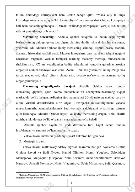 gan vaqtdan boshlab, umrining oxirigacha hikoya, ocherk, publitsistika, qissa va roman janrlarida samarali ijod qildi. uning “boshsiz odam” hikoyasi bilan boshlangan hikoyanavislik faoliyatida esa tarixiy o‘tmish aks ettirilgan. abdulla qahhor o‘rinli so‘z qo‘llash mahoratini puxta egallgan adibdir. ijodida voqelikni realistik talqin etish ustuvorlik qiladi. adib serqirra ijodkor sifatida adabiyotning deyarli barcha tur va janrlarida qalam tebratgan. uning “olam yasharadi” nomli birinchi hikoyalar to‘plami 1932-yilda bosilgan. abdulla qahhor ijodiy hayoti davomida 40 dan ziyod asar e’lon qilgan. bu kitoblar orasida 30 ga yaqin hikoyalar ham bo‘lib, ular o‘zbek adabiyotida hikoya janrining badiiy ufqlarini kengaytirgani bilan ahamiyatlidir. yozuvchi “boshsiz odam”, “anor”, “bemor”, “o‘g‘ri”, “dahshat”, “millatchilar”, “san’atkor”, “adabiyot muallimi”, “o‘jar”, “asror bobo” kabi o‘nlab hikoyalar yozgan. o‘zidan bo‘yoqlar yog‘diruvchi qalam qanday dunyoga kelganligini ko‘rsatish uchun esa, portretnavis abdulla qahhor tarjimayi holi to‘g‘risida qisqacha ma’lumot beradi va bunda asosiy e’tiborni adib hayotida bo‘lar-bo‘lmas tafsilotlarga emas, balki ijodiy parvozida , iste’dodining kamol topishida muhim iz …