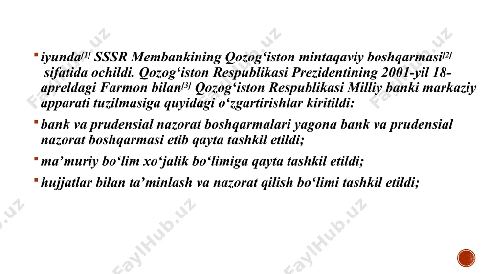 1 ta boʻlim (ostona shahrida 1 boʻlim), 10 ta alohida boʻlim va 1 ta alohida boʻlimdan iborat markaziy apparat olmaotada 16 ta hududiy filial va ikkita filial — milliy bankning kassa operatsiyalari va qimmatliklarni saqlash markazi va xizmat koʻrsatish markazi milliy bankning rossiya federatsiyasidagi vakolatxonasi e’tiboringiz uchun raxmat image4.png image3.png image5.jpeg image6.jpeg image7.jpeg image8.jpeg image9.jpeg image2.png /docprops/thumbnail.jpeg