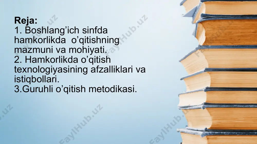 h muvafaqqiyatiga olib kelishini anglagan holda mustaqil va sidqidildan aqliy mehnat qilishga, o’quv topshiriqlarini to’liq va sifatli bajarishga o’quv materialini puxta o’zlashtirishga, o’rtoqlariga hamkor bo’lib, o’zaro yordam ubshtirishga zamin tayyorlaydi. hamkorlikda o’qitish texnologiyasida o’quvchilarni hamkorlikda o’qitishni tashkil etishning bir necha metodlari mavjud: 1. komandada o’qitish (r.slavin) da o’quvchilar teng sonli ikki komandaga ajratiladi. har ikkala komanda bir xil topshiriqni bajaradi. komanda a`zolari o’quv topshiriqlarini hamkorlikda bajarib, har bir o’quvchi mavzudan ko’zda tutilgan bilim, ko’nikma va malakalarni o’zlashtirishga e`tiborni qaratadi. hamkorlikda o’qitish texnologiyasi mualliflaridan biri bo’lgan r.slavinning ta`kidlashicha, o’quvchilarga topshiriqlarni hamkorlikda bajarish uchun ko’rsatma berilishi etarli emas. o’quvchilar tom ma`nodagi hamkorlik, har bir o’quvchining qo’lga kiritgan muvafaqqiyatidan quvonish, bir-biriga sidqidildan yordam berish hissi, qulay ijtimoiy-psixologik muhit vujudga kelishi zarur. mazkur texnologiyada o’quvchilarning bilimlarni o’zlashtirish sifatini aniqlashda ularni bir-biri bilan emas, balki har bir o’quvchining kundalik natijasi avval qo’lga kiritilgan natija bilan taqqoslanadi. shundagina o’quvchilar o’zining dars davomida erishgan natijasi komandaga foyda …