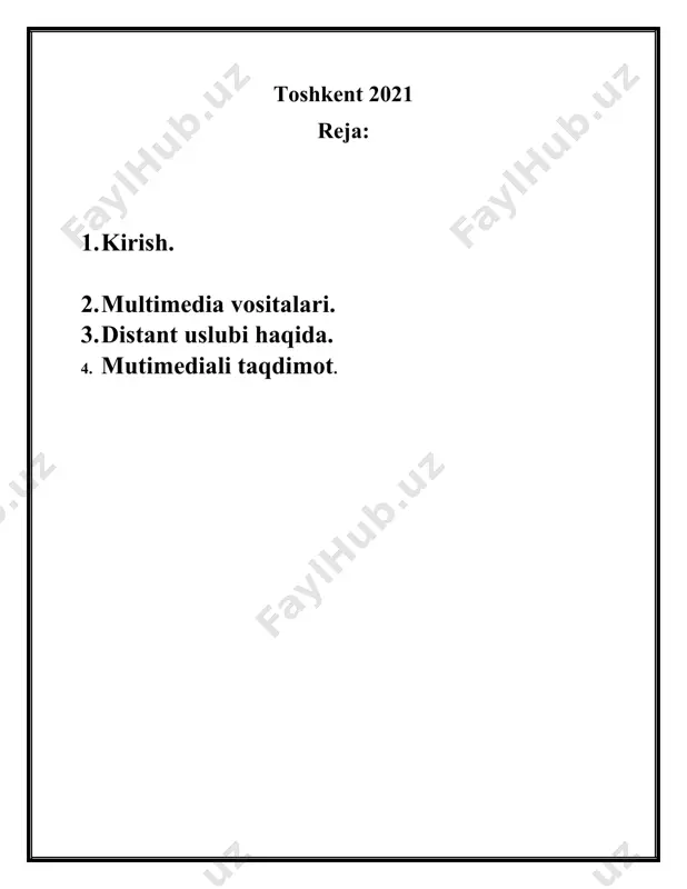 izimga birlashishi. odatda multimedia deganda matn, ovoz, grafika, multiplikatsiya, videotasvir va fazoviy modellashtirish kabi ma‘lumot taqdim etish vositalarining kompyuter tizimidagi birlashishi tushuniladi. multimediya vositalari (multimedia – ko’pvositalilik) - bu insonga o’zi uchun tabiiy muxit: tovush, video, grafika, matnlar, animatsiya va boshqalardan foydalanib, kompyuter bilan muloqatda bo’lishga imkon beruvchi texnik va dasturiy vositalar majmuidir. multimedia - gurkirab rivojlanayotgan zamonaviy axborotlar texnologiyasidir. uning ajralib turuvchi belgilariga quyi-dagilar kiradi: - axborotning xilma-xil turlari: an'anaviy (matn, jadvallar, bezaklar va boshqalar), original (nutk, musika, videofilmlardan parchalar, telekadrlar, animatsiya va boshqalar) turlarini bir dasturiy maxsulotda integratsiyalaydi. bunday integratsiya axborotni ro’yxatdan o’tkazish va aks ettirishning turli kurilmalari: mikrofon, audio-tizimlar, optik kompaktdisklar, televizor, videomagnitafon, videokamera, elektron musiqiy asboblardan foydalanilgan holda kompyuter boshqaruvida bajariladi; - muayyan vaqtdagi ish, o’z tabiatiga ko’ra statik bo’lgan matn va grafikadan farqi ravishda, audio va videosignallar faqat vaqtning ma'lum oralig’ida ko’rib chiqiladi. video va audio axborotlarni kompyuterda qayta ishlash va aks ettirish uchun markaziy …