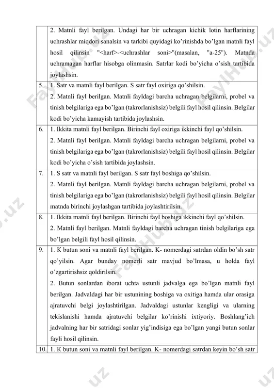 matn faylining har bir satrining oxiriga butun sonlar faylidagi mos sonlari joylashtirilsin. agar butun sonlar fayli matn faylidan qisqa bo’lsa, u holda matn faylidagi qolgan satrlar o’zgartirmasdan qoldirilsin. 13. 1. bo’sh bo’lmagan matnli fayl berilgan. undagi birinchi satr o’chirilsin. 2. har bir satrida probellar bilan ajratilgan bir nechta sonlarni tasvirlovchi matnli fayl berilgan (haqiqiy sonlar nol bo’lmagan kasr qismiga ega). tarkibida boshlang’ich faylning barcha butun sonlariga ega bo’lgan butun sonlar fayli hosil qilinsin. 14. 1. bo’sh bo’lmagan matnli fayl berilgan. undagi oxirgi satr o’chirilsin. 2. har bir satri o’ng va chap tomonidan bir nechta probellar bialn to’ldirilgan butun yoki haqiqiy sonlarni tasvirlovchi matnli fayl berilgan. (haqiqiy sonlar nol bo’lmagan kasr qismiga ega). butun sonlar miqdori va ularning yig’indisi chop qilinsin. 15. 1. к butun soni va matnli fayl berilgan. undaki k-nomerdagi satr o’chirilsin. agar faylda bunday nomerdagi satr mavjud bo’lmasa, u holda fayl o’zgartirishsiz qoldirilsin. 2. har bir satrida probellar …