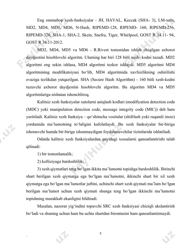 nlama funksiyalik: kirish ma'lumotlarini xesh qiymatidan qayta tiklash imkonsiz. · to'qnashuvga qarshilik: ikki xil kirish ma'lumotlari bir xil xesh qiymatini hosil qilishi ehtimoli juda past. · avalans effekti: kirish ma'lumotlaridagi kichik o'zgarish xesh qiymatida katta o'zgarishlarga olib keladi. xeshlash algoritmlarining turlari xeshlash algoritmlari turli maqsadlar uchun ishlatiladi, jumladan, ma'lumotlarning yaxlitligini tekshirish, parollarni himoyalash, raqamli imzolar va autentifikatsiya. quyida eng mashhur xeshlash algoritmlari haqida batafsil ma'lumot beriladi. 1. md5 (message digest algorithm 5) · ixtirochisi: ronald rivest · yaratilgan vaqti: 1991 yil · xesh uzunligi: 128 bit · foydalanish: ilgari keng qo'llanilgan, ammo hozir xavfsizlik kamchiliklari tufayli kamroq qo'llaniladi. · xavfsizlik: to'qnashuvlar va ikkilanishlarga nisbatan zaif, shu sababli tavsiya etilmaydi. 2. sha-1 (secure hash algorithm 1) · ixtirochisi: nsa (national security agency) · yaratilgan vaqti: 1993 yil · xesh uzunligi: 160 bit · foydalanish: ilgari keng qo'llanilgan, ammo hozir xavfsizlik kamchiliklari tufayli kamroq qo'llaniladi. · xavfsizlik: 2005-yilda to'qnashuvlar topilgan, shuning uchun …