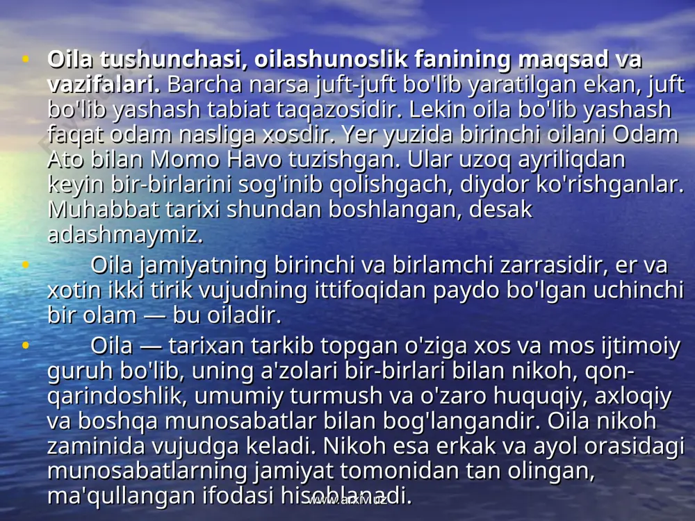 h, er-xotin shaxsiy va mulkiy munosabatlar kabilar; oilaviy munosabatlar turlari: www.arxiv.uz www.arxiv.uz oila muhitini 3 toifaga ajratish mumkin: salbiy o’zgaruvchan ijobiy www.arxiv.uz www.arxiv.uz