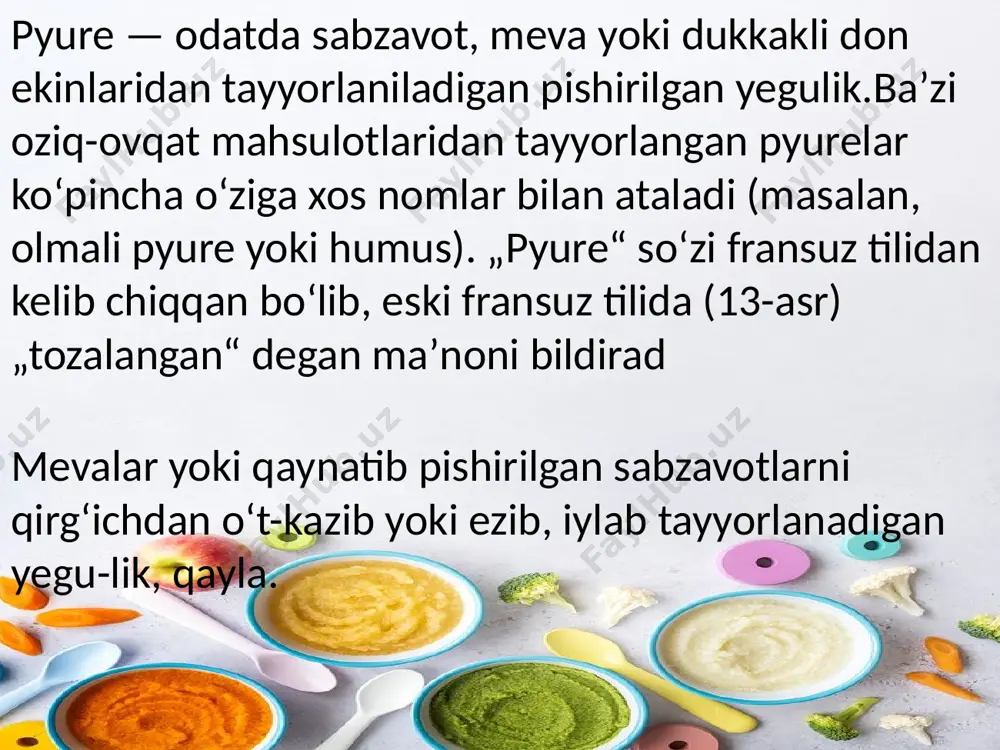 berish va ishlab chiqarishning barcha bosqichlaridan o‘tgandan so‘ng, ular maxsus aseptik folga idishlariga to‘ldiriladi. meva pyuresi asosan bolalar ovqati sifatida ishlatiladi, shuning uchun ularni tayyorlashda faqat organik mevalardan foydalaniladi. bu meva pyurelari bir komponentli (bir turdagi meva yoki rezavorlardan tayyorlangan) va ko‘p komponentli (ikki yoki undan ortiq turdagi meva va rezavorlardan tayyorlangan) bo‘lishi mumkin. meva xom ashyosidan tashqari, pyuresi tarkibida bolalar uchun juda muhim bo‘lgan vitaminlar, minerallar va mikroelementlar kabi qo‘shimcha komponentlar ham qo‘llanilishi mumkin. meva pyuresi ularni tayyorlashda ishlatiladigan meva va rezavorlar turiga qarab farqlanadi. ular asosan 3 turga bo‘linadi: mevali, rezavorli va reza mevali pyuresi. eng keng tarqalgan turlari - olma, o‘rik, banan, shaftoli, olxo‘ri, olcha, smorodina, malina pyuresi. heinz korxonasida qo‘shimchalar va bo‘yoqlar bo‘lmagan yangi va organik materiallardan tayyorlangan meva pyurelarining keng assortimenti ishlab chiqariladi. ular bolalar va kattalar uchun ham foydali va mazzali meva va sabzavotlar standartlari . ishlab chiqarishdan hosilni yig'ish va iste'molchilarga yetkazish jarayoni …