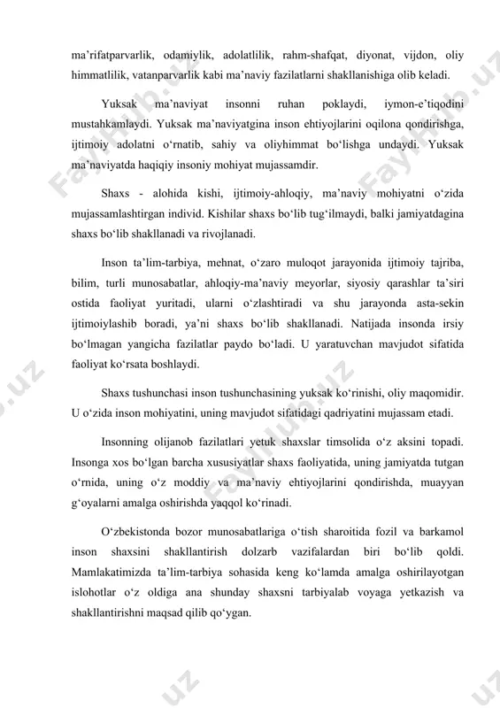 lamda amalga oshirilayotgan islohotlar о‘z oldiga ana shunday shaxsni tarbiyalab voyaga yetkazish va shakllantirishni maqsad qilib qо‘ygan. demokratik qadriyatlar tizimida shaxs erkinligi alohida о‘rin tutadi. erkinlik – insonning intellektual-ma’naviy kamolotga erishuvining zarur sharti. erkinlik tufayli inson yaratuvchilik qobiliyatini namoyon etadi, shaxsiy mas’uliyat va insoniy burchni tо‘la his etadi. shaxs erkinligi, avvalo ahloqiy, sо‘z, vijdon, matbuot erkinligida rо‘yobga chiqadi. inson, shaxs tushunchalari bilan birga fuqaro, fuqarolik tushunchalari ham yonma-yon ishlatib kelinadi. “fuqaro” sо‘zi “faqir” sо‘zidan olingan bо‘lib, hozirgi davrda uning ma’nosi о‘zgarib ketgan. fuqarolik tushunchasi antik yunoniston va rimda mavjud bо‘lsa-da, asosan о‘rta asrlar oxirida feodalizm inqirozga uchrab, jamiyatdagi siyosiy, iqtisodiy va ijtimoiy hayot demokratiya va bozor munosabatlari zaminiga о‘ta boshlaganida, hozirgi shakl va mazmunda paydo bо‘la boshlagan. ilk bor fransuzchada “situayyan”, inglizchada “sitizen” – “shaharli”, ruscha “gorojanin - grajdanin”, ya’ni qoloq qishloqdan, mustabid feodal munosabatlardan ozod inson, jamiyatning teng huquqli a’zosi, degan ma’noni bildirgan. mustaqillik e’lon qilingandan sо‘ng, о‘zbek tilida …