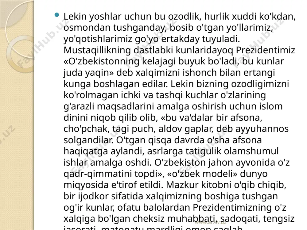 . bugungi kunda dunyoda “o‘zbek modeli” deb nom olgan taraqqiyot yo‘limizning asosiy prinsiplarining dastlabki kurtaklari sokin kabinetlarda emas, aksincha, o‘sha yillarda keskin siyosiy kurashlar, bahs va tortishuvlar jarayonida tug‘ilib, 90-yillarga kelib yaxlit ta’limotga aylangani haqida ushbu kitobdagi chiqishlar orqali har tomonlama tasavvurga ega bo‘lish mumkin. mustaqillik g‘oyalari keng qanot yoza boshlagan, xalqimiz ozodlik va erkinlikka intilgan bir paytda yurtimizning dadil qadamlarini ko‘rolmaydigan g‘arazli kuchlar sobiq markazda ham, o‘zimizda ham topiladi. bunday siyosiy o‘yin va fitnalarga bir misol sifatida 1991 yil 17-19 avgust kunlari – islom karimov hindiston respublikasida rasmiy safarda bo‘lgan paytda yuz bergan voqealarni keltirish mumkin. www.arxiv.uz chig'atoy ulusining tashkil topishi o'lkalarning taqsimlanishi www.arxiv.uz www.arxiv.uz zabt etilgan o'lka va viloyatlarni chingizxon hali hayotlik chog'idayoq o'g'illariga taqsimlab berdi. janubiy sibir, dashti qipchoq, itil bo'yi, shimoliy xorazm va darbandgacha to'ng'ich o'g'li jo'ji va uning vafotidan keyin esa nabirasi botuga topshirildi. sharqiy turkiston, yettisuv va movarounnahrga uning ikkinchi o'g'li chig'atoy ega bo'ldi. …