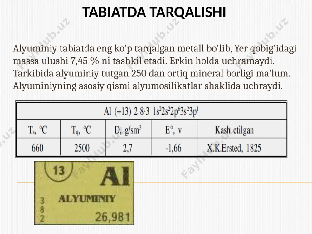 tallar va metallmaslar olinadi. alyuminiy kukunidan temir va temir buyumlarni korroziyadan saqlovchi metall bo'yog'i tayyorlanadi. alyuminiy folgadan oziq-ovqat sanoatida o'rash vositasi sifatida ham foydalaniladi. elektrotexnikada kondensatorlar tayyorlashda ishlatiladi. alyuminiy birikmalari ham ko'p sohalarda ishlatiladi. tabiatda korund shaklida uchraydigan alyuminiy oksiddan turli maqsadlarda foydalaniladi: texnik maqsadlar uchun jilvir, qumqayroq; tiniq kristallari-qizil rubin va moviy sapfir-qimmatbaho toshlardan zargarlik buyumlari tayyorlanadi. rubinlardan lazerlar, podshipniklar ham tayyorlanadi. mavzular yuzasidan test savollari 1. quyidagi qaysi qatorda faqat ishqoriy metallar keltirilgan? a) k, na, rb; b) k, na, ca; d) li, fe, ca; e) fr, cs, au; f) ag, cu, au. 2. qaysi reaksiyada kislorod hosil bo'ladi? na2o + h2o — d) na2o2 + h2so4 — f) hamma reaksiyalarda na2o2 + h2o — e) na2o2 + co2 — 3. quyidagilardan qaysi biri so'ndirilmagan ohak? а) ca(oh)2; b) caco3; d) cao; e) ca(hco3)2; f) mgco3. 4. reaksiya unumi 90 % bo'lganda 5,1 g al2o3 ni elektroliz qilib, …