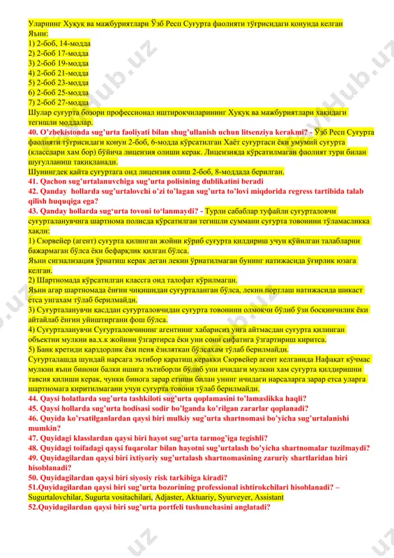 viy tavakkalchiliklardan sugurta qilish sug’urta faoliyati klassifikatoriga muvofiq, umumiy sug’urtaning qaysi klassiga taalluqli? - 16 klass 16. chet elga chiquvchi fuqarolarni kasalliklardan sug’urtalash bo’yicha shartnoma qancha muddatga tuziladi? – саёхат даврига сугурталанади 17. davlat majburiy sug’urta turi mamlakatimizda qachon joriy qilingan? 1994 yil 18. davlat majburiy sug’urtasi bo’yicha kimlar sug’urtalanadi? xarbiy xizmatchilar 19. davlatning markazlashgan sug’urta fondlari qaysi manba hisobidan shakllantiriladi? 20. franshiza tushunchasiga berilgan to’g’ri javobni toping… франшиза-сугурта шартномаси шартларида кузда тутиладигон сугурталовчининг зарарни коплашдан озод этиладигон кисми. сугурта суммасига нисбатан % ларда белгиланадигон шартли ва шартсиз турларга булинади. 21. garovga qo’yilgan mol-mulk sug’urtasi qay tarzda amalga oshiriladi? 22. harbiy xizmatchilarni baxtsiz hodisalardan sug’urtalash qaysi manba hisobidan amalga oshiriladi? davlat byudjeti mablaglari hisobidan 23. hayot sug’urta tarmog’ida sug’urta faoliyati bilan shug’illanishi uchun nima talab qilinadi? 24. hayot va anuitetlar sug’urta faoliyati klassifikatorining nechanchi klassiga asosan amalga oshiriladi? 18-i klass 25. hayotni sug’urtalashda sug’urta mukofoti qaysi muddatlarda to’lanishi mumkin? 26. …