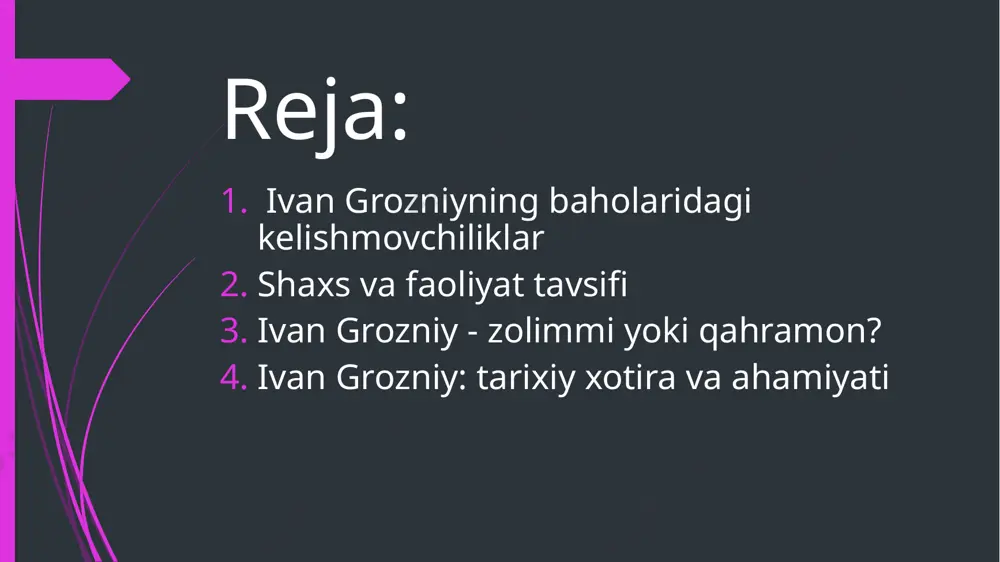 to‘g‘risidagi masalani hal qilmaydi; lekin o‘zining xatti-harakatlari va fe’l-atvorlari to‘g‘risidagi mulohazalarida bu erkinlikni nazarda tutib, unisini ham bunisini ham, birinchidan, odamlarning tabiiy xususiyatlari bilan, ikkinchidan, narsalarning ko‘ngilga ta’sir qiladigan holatlari yoki taassurotlari bilan izohlaydi. yuhanno jo‘shqin ehtiroslar, kuchli tasavvur, qat’iy va asosli aqldan ham o‘tkir aql bilan tug‘ilgan." m.p. pogodin (xix asr rus tarixchisi): ivan grozniyning shaxsiyati va ishlariga baho berar ekan, m.p. pogodin shunday deb yozgan edi: "ularda yuksak, olijanob, ziyrak, davlatga xos nima bor? yovuz, vahshiy, tili burro, aqli o‘tkir, - bor-yo‘g‘i shu. nafaqat podshohlik qiyofasini, hatto insoniy qiyofasini ham yo‘qotgan bunday zot o‘ziga shon-shuhrat keltiruvchilarni topishi kerak-ku, axir." v.o. klyuchevskiy (xix-xx asrlar rus tarixchisi): ..."axloqiy notekislik, ruhning yuksak ko‘tarilishlari bilan eng sharmandali pasayishlarning almashinib turishi ivanning davlatchilik faoliyatini ham izohlaydi. podshoh juda ko‘p yaxshi, aqlli, hatto buyuk ishlarni amalga oshirgan yoki rejalashtirgan, shu bilan birga, zamondoshlari va keyingi avlodlar uchun dahshat va jirkanish mavzusiga aylantirgan yana ko‘plab …