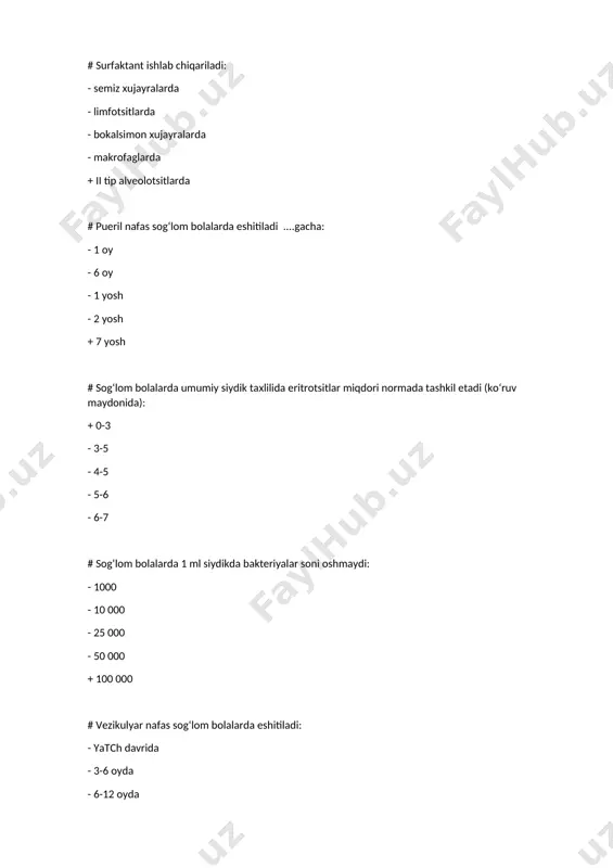 krak yoshidagi bolalarda oqsil xazm qilinishida ishtirok etadi: - pepsinogen - gastriksin - lipaza + ximozin (renin) - alfa-amilaza # pepsinogen aktivatori: - o‘t kislotalari - enterokinaza - proelastaza + xlorid kislota - karboksipeptidaza # pepsinogen oshqozonda ishlab chiqariladi: - g–xujayralarda - qavariq xujayralarda + tanasining asosiy xujayralarida - parietal xujayralarda - argentofil xujayralarda # «fontansimon» qusish kuzatiladi: - ovqat allergiyasida + pilorostenozda - ko‘p ovqatlanishda - aerofagiyada - meningitda # eritrotsitlar yashash davomiyligi bolalarda: - 30 sutka - 50 sutka - 60–80 sutka + 80–120 sutka - 20–30 sutka # katta yoshdagi bolalarda eritrotsitlarning o‘rtacha diametri: + 7,2 mkm - 9,2 mkm - 8,2 mkm - 6,2 mkm - 10,2 mkm # prays-djons egriligi bildiradi: + eritrotsitlar diametri o‘zgarishi - eritrotsitlar shakli o‘zgarishi - eritrotsitlar xajmi o‘zgarishi - eritrotsitlar qalinligi o‘zgarishi - eritrotsitlar deformatsiyasi o‘zgarishi # auskultatsiyada erta yoshdagi bolalarda quyidagi nafas eshitiladi: - vezikulyar + pueril - dag‘al …