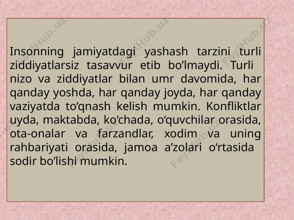 sharoit yaratib berishi mumkin. inqiroz; anglashilmovchilik; kutilmagan hodisa; zo‘riqish; noqulaylik; ichki yoki tashqi xavotir; bartaraf etish qiyin bo‘lgan qo‘rquv. pedagogik nizo bir qator belgilarga ega. axborot omili; munosabat omili; hulq omili. pedagogik nizolarni keltirib chiqaruvchi omillar quyidagilar: inson g'oya, xissiyot va odatlar tomonidan boshqariladi va bularning birontasi o'zimiz bilan birga dunyoga kelmagan. ps. haqiqatdan steriotiplar, odatlar bizni boshqaradi ijobiyga bo'lsa edi nur ustiga a'lo nur bo'lardi, lekin bazan nuqosimiz ham bo'ladi. demak ularni o'zgartirishimiz kerak psixologiyada mavjud 4 ta temperamentni pedagog yaxshi bilishi zarur, chunki ana shu tushunchalar ta’lim tizimidagi pedagogik ziddiyatlami oldini olishning asosiy omilidir. hayot uchun kurash muammosi ingliz biologi charlz darvin (1809-1882) ta’limotida markaziy o‘rin egallagan. darvin asarlarining bosh g‘oyasi: jonli tabiat doimiy ravishdagi hayot uchun kurash sharoitida rivojlanib, bu eng yaxshi moslashgan turlarni saralab olishning tabiiy tanlash mexanizmini tashkil etadi. keyinchalik darvin qarashlari konfliktning ba’zi sotsiologik va psixologik nazariyalarida taraqqiy ettirildi konfliktlarni namoyon bo’lish turiga ko‘ra …