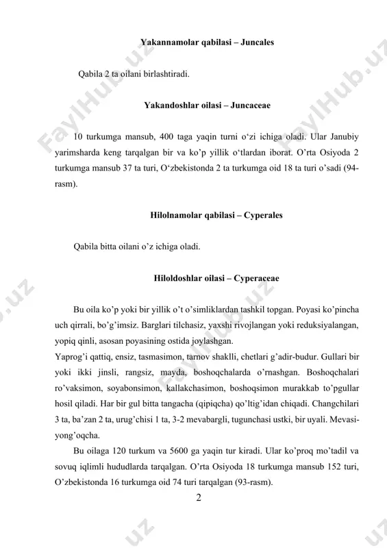iv yo’l bilan ko’payadi. o’zbekistonning barcha sug’oriladigan ekinzorlarida begona o’t sifatida uchraydi. qorabosh - carex turkumiga ildizpoyali, poyasi tik, uch qirrali o’simliklar kiradi. barglari lentasimon, yassi yoki yarim buralgan. bir uyli, kamdan-kam ikki uyli o’simlik. boshoqchalari bittadan yoki ko’p. boshoqchalari changchi yoki urug’chi guli yoki aralash jinsli guldan iborat. changchisi 3 ta, ba’zan 2 ta. mevasi -yong oqcha, 3 qirrali yoki yassi. 1 1 4 93-rasm. xiloldoshlar 1-3. oddiy qilicho’t (cladium mariscus) to’pguli, boshog’i, mevasi, 4-5. rinxospora (rhynchspora) umumiy ko’rinshi, mevasi, 6-7. ko’lqamish (scirpus lacustris) umumiy ko’rinishi, guli 94-rasm. yakandoshlar 1-3. o’rmalovchi yakan (juncus inflexus) umumiy ko’rinishi, mevasi, poyasi, 4-5. boltiq yakani (j.balticus) umumiy ko’rinishi, mevasi, 6-7. ipsimon yakan (j. filiformis) umumiy ko’rinishi, mevasi, 8-9. bo’g’inli yakan (j. articulatus) umumiy ko’rinishi, mevasi, 10. kashtan yakan (j. castaneus) mevasi bu turkum vakillari yaxshi yem-xashak o’simlik hisoblanadi. o’zbekistonda 29 turi tarqalgan. ulardan biri yo’g’ontumshuq qorabosh - carex pachystylis ko’p yillik, uzun ildizpoyali …