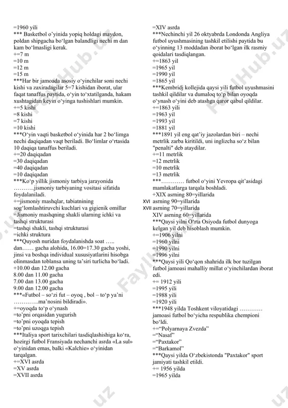 qoidalari birinchi bo‘lib ishlab chiqilgan. =+1891 yil =1895 yil =1991 yil =1996 yil ***1920 yildan boshlab basketbol o‘yini butun yevropada ommaviylashib ketdi. +=1920 yildan =1950 yildan =1925 yildan =1930 yildan ***baskedbol bo’yicha nechinchi yilda jenevada erkaklar jamoalari o‘rtasida birinchi yevropa chempionati o‘tkazildi. +=1935 yilda =1940 yilda =1965 yilda =1985 yilda ***baskedbol bo’yicha nechinchi yilda rimda ayollar o‘rtasida birinchi yevropa chempionati o‘tkazildi. +=1938 yilda =1940 yilda =1955 yilda =1988 yilda ***baskedbol bo’yicha nechinchi yilda argentinada erkaklar o‘rtasida 1 –jahon chempionati o‘tkazildi. +=1950 yilda =1955 yilda =1968 yilda =1990 yilda ***nechanchi yilda olimpiada o‘yinlarida ayollar o‘rtasida basketbol o‘yini dasturga kiritildi. +=1972 yilda 1990 yilda 1985 yilda 1999 yilda ***nechinchi yili xalqaro xavaskorlar basketbol federatsiyasi (xbf) tashkil topdi. +=1932 yili =1950 yili =1980 yili =1960 yili *** basketbol o’yinida yopiq holdagi maydon, poldan shipgacha bo‘lgan balandligi nechi m dan kam bo‘lmasligi kerak. +=7 m =10 m =12 m =15 m ***har bir jamoada …