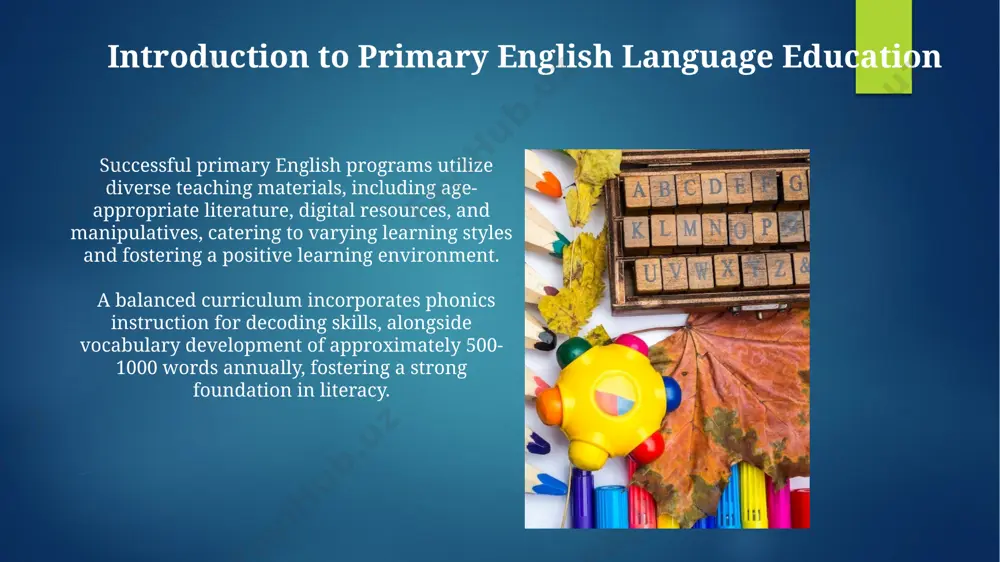 needs. incorporate authentic materials, such as age-appropriate children’s literature and songs from english-speaking cultures, at least 20% of the time to provide cultural context and enhance student motivation and learning. role of technology in language learning multimedia resources like educational videos and interactive games, incorporating at least 3 sensory modalities (visual, auditory, kinesthetic), improve vocabulary retention by up to 40% compared to traditional methods. utilizing interactive whiteboard software can boost student engagement by 25%, facilitating collaborative activities and providing immediate feedback during vocabulary lessons and grammar exercises. thank you for your attention @taqdimot_robot image6.jpg image7.jpg image8.jpg image9.jpg image10.jpg image11.jpg image12.jpg image13.jpg image14.jpg image2.png image3.png image4.png image5.png