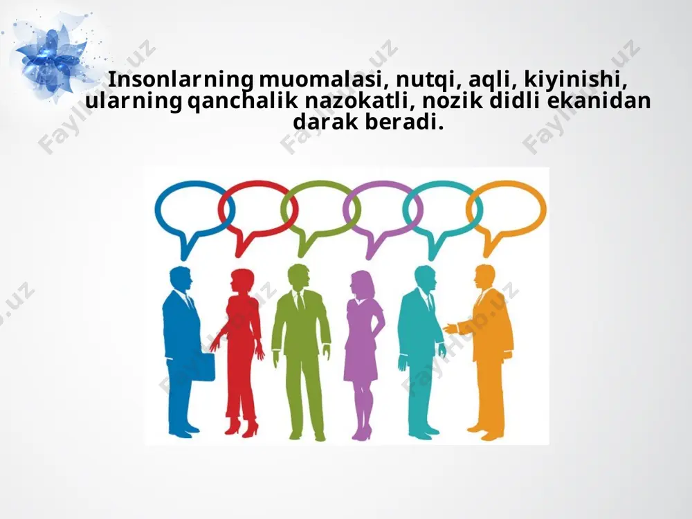yoriy talablarni bajarishni taqozo etadi. insonlarning o‘zligini anglashi, xalqining madaniy merosini, san’at, badiiy, ma’naviy merosini bilishi va qadrlashi, halol mehnat qilishi va bor kuch-g‘ayratini, bilimini vatan taqdiri yo‘lida safarbar etishi unda nafosat madaniyati shakllanganligidan dalolat beradi. savol va topshiriqlar: 1. nafosatning inson hayotidagi o‘rni nimada? 2. qanday insonlarga nisbatan «nafosatli» so‘zini ishlatamiz? 3. go‘zallikni siz qanday tushunasiz? 4. tadbirkorlar, milliy hunarmadlar tomonidan tayyorlangan buyumlarga nisbatan nafosat bilan ishlanibdi, degan iboralarni eshitganmisiz? 5. nafosatning ma’naviyat bilan qanday aloqadorligi bor? 6. mazkur rasmlarni nafosat tushunchasi bilan bog‘lang. image2.jpeg image3.jpeg image4.png image5.png image6.png image7.jpeg image8.jpeg image9.jpeg image10.jpeg image11.jpeg image12.png image13.jpeg image14.jpg image15.jpeg image16.jpeg image1.jpeg