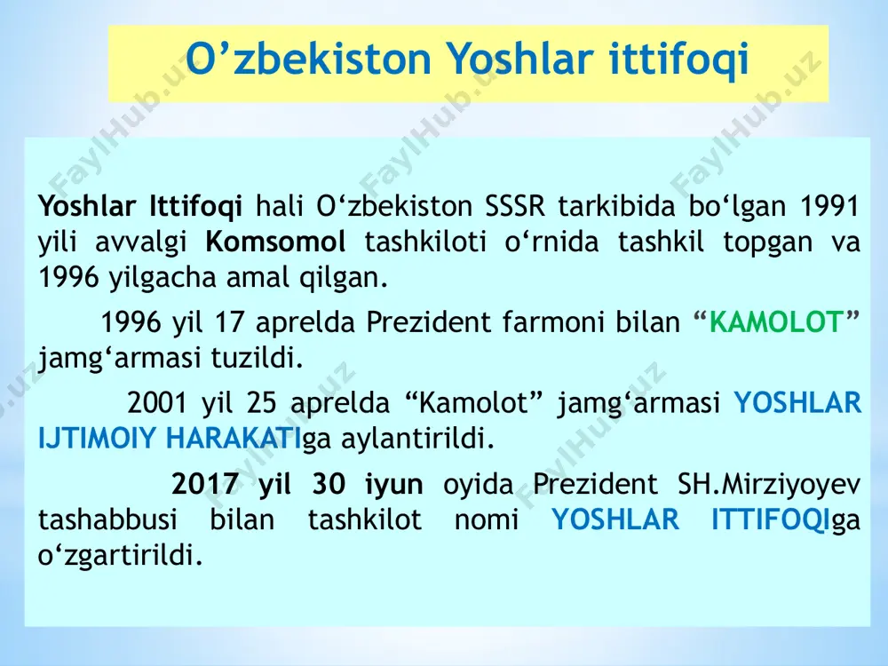 ш тизими йўлга қўйилади. 2021 йилда 6 ёшли болаларнинг 82 фоизи (560 минг нафар) мактабга бепул тайёрловга жалб этилади. юнеско ва жаҳон банки билан ҳамкорликда узоқ қишлоқларда мактабгача таълимни уйда бериш модели йўлга қўйилади. ҳар ким билим олиш ҳуқуқига эга. бепул умумий таълим олиш давлат томонидан кафолатланади. мактаб ишлари давлат назоратидадир. ўзбекистон республикаси конституциясининг 41-моддаси. бугунги кунда мамлакатимизда 10300 та умумтаълим мактаби фаолият юритмоқда. уларнинг аксарияти қишлоқларда жойлашган. ушбу мақсадлар учун 1,4 триллион сўм сарфланди. кейинги йилларда мамлакатимизда 9763 та умумтаълим мактаби, 300 дан зиёд мусиқа ва санъат мактаби янгидан қурилди ва тубдан таъмирланди. umumiy o’rta (xalq) ta’limi 2017 yil 14 sentabr – mirzo ulug’bek nomidagi ixtisoslashtirilgan davlat umumta’lim maktab-internati va “astronavtika va aeronavtika” bog’i (pq-3275) va muhammad al-xorazmiy nomidagi axborot-kommunikatsiya texnologiyalari yo’nalishiga oid fanlarni chuqurlashtirib o’rgatishga ixtisoslashtirilgan maktablar (pq-3274) tashkil etildi. 2018 yil 25 yanvar - “umumiy o’rta, o’rta maxsus va kasb-hunar ta’limi tizimini tubdan takomillashtirish chora-tadbirlari” to’g’risida prezident …