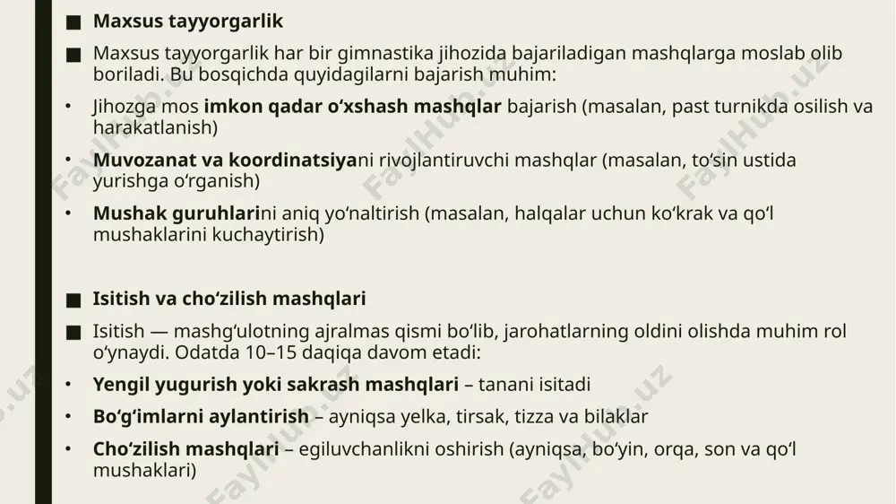 , tezlik emas, balki aniqlik birinchi o‘rinda turadi. har bir jihoz bo‘yicha asosiy mashqlar a) turnik (baland bar) oddiy tortilish (podtyagivanie) osishda tebranish (razmah) aylanish (obratiy perexod, ko‘tarilish va tushish) b) parallel to‘sin (paralel shtangi) qo‘llarda yurish (podkhod) tirsakda bukilib osilish orqaga aylanish c) halqalar to‘g‘ri holatda osilish tanani ko‘tarish (pod’yem) statik pozitsiyalar (krest, t-stoyka) d) to‘sin (trening to‘sini yoki ayollar to‘sini) muvozanatda yurish yarim burilish, to‘liq burilish sakrash va tushish texnikasi e) gimnastik ko‘prik (oporniy pryzhok) yugurib kelish va sakrash qo‘llar bilan turtish texnikasi havoda holatni ushlash va tushish takomillashtirish usullari mashqlar o‘rganilgandan so‘ng ularni takomillashtirish bosqichi boshlanadi. bunda quyidagilarga e’tibor beriladi: takrorlash – harakatni avtomatik darajagacha olib chiqish vaqti-vaqti bilan murakkablashtirish – yangi elementlar qo‘shish koordinatsiyani oshirish – harakatlar orasidagi o‘tishlarni silliqlashtirish mashqlarni kombinatsiyalash – turli elementlarni ketma-ket bajarish . xatolarni aniqlash va tuzatish murabbiy bilan birga harakatni videoda ko‘rish xatolik sabablarini aniqlash (masalan, mushak kuchi, muvozanat, qo‘rquv) …