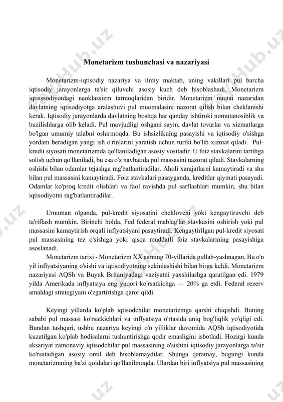 atning mamlakat iqtisodiyotidagi ishtiroki pul muomalasini nazorat qilish bilan cheklanishi kerak. aralashuvning boshqa turlari buzilish va nomutanosibliklarning paydo bo'lishiga yordam beradi. iqtisodiyot o'z-o'zini tartibga soluvchi tizimdir. davlatning vazifasi inflyatsiya xavfisiz iqtisodiyotning real o'sishi uchun sharoit yaratish uchun pul massasini bosqichma — bosqich oshirishdir. inflyatsiya butunlay chiqarib tashlanishi kerak. pulning etishmasligi iqtisodiyot uchun xavf tug'diradi, shuningdek uning ortiqcha bo'lishi. moliya taqchilligi iste'mol hajmining pasayishiga va yaimning pasayishiga olib keladi. uzoq vaqt davomida yaim o'sishi to'xtaydi. pul taklifidagi o'zgarishlar ko'rsatkichga neytral ta'sir ko'rsatadi. ta'sir faqat inflyatsiya darajasiga ta'sir qiladi. pul massasining o'sish sur'ati yaimning real o'sish sur'atlariga mos kelishi kerak. agar ushbu qoidaga rioya qilinsa, antitsiklik pul-kredit siyosatining ta'sirini kamaytirish mumkin. diqqat! garchi zamonaviy iqtisodchilar aksariyat hollarda asosiy e'tibor pul o'sishiga qaratilishi kerak degan fikrga qo'shilmaydilar, ushbu nazariyaning ba'zi asosiy qoidalari monetaristik bo'lmagan tahlil uchun asos sifatida qabul qilinadi. milton fridman va monetarizm monetarizm milton fridman nomi bilan chambarchas bog'liq. iqtisodchi pulning …