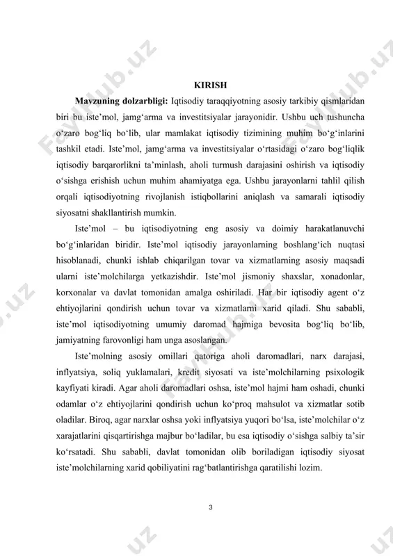 bog‘liq bo‘lib, jamiyatning farovonligi ham unga asoslangan. iste’molning asosiy omillari qatoriga aholi daromadlari, narx darajasi, inflyatsiya, soliq yuklamalari, kredit siyosati va iste’molchilarning psixologik kayfiyati kiradi. agar aholi daromadlari oshsa, iste’mol hajmi ham oshadi, chunki odamlar o‘z ehtiyojlarini qondirish uchun ko‘proq mahsulot va xizmatlar sotib oladilar. biroq, agar narxlar oshsa yoki inflyatsiya yuqori bo‘lsa, iste’molchilar o‘z xarajatlarini qisqartirishga majbur bo‘ladilar, bu esa iqtisodiy o‘sishga salbiy ta’sir ko‘rsatadi. shu sababli, davlat tomonidan olib boriladigan iqtisodiy siyosat iste’molchilarning xarid qobiliyatini rag‘batlantirishga qaratilishi lozim. jamg‘arma – bu iqtisodiy resurslarni kelajak uchun saqlash va kelgusida investitsiyalarga yo‘naltirish jarayoni hisoblanadi. jamg‘arma iqtisodiy barqarorlik va moliyaviy mustaqillikni ta’minlashning muhim sharti bo‘lib, u xususiy shaxslar, tadbirkorlar va davlat tomonidan amalga oshiriladi. jamg‘arma darajasi bevosita aholi daromadlari, davlat siyosati va moliyaviy bozorlarning rivojlanish darajasiga bog‘liqdir. kurs ishining maqsadi: jamg‘arma ixtiyoriy va majburiy shakllarda bo‘lishi mumkin. ixtiyoriy jamg‘arma aholining o‘z daromadlaridan kelib chiqib, ma’lum miqdorda pul mablag‘larini tejash orqali amalga …