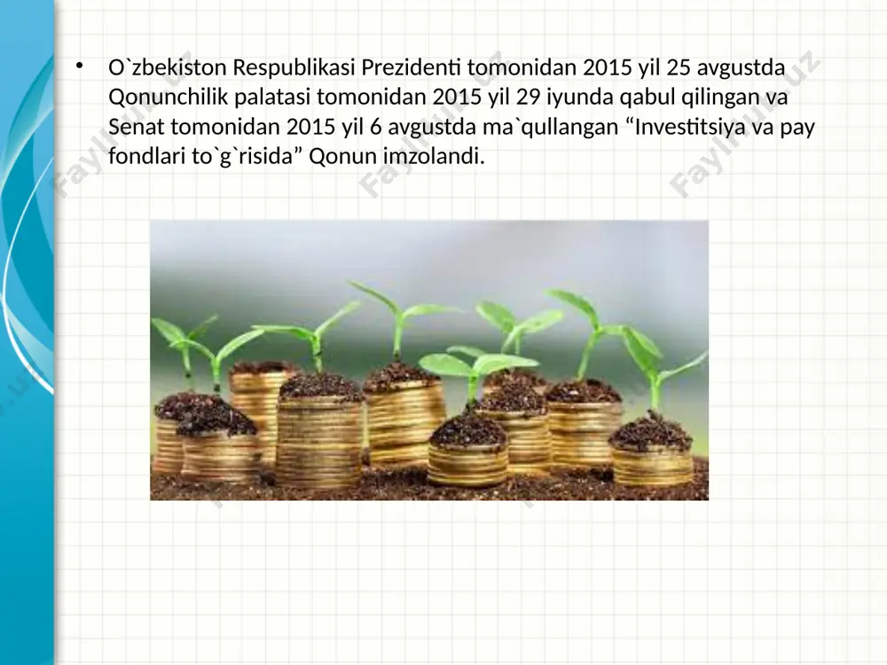 nvestitsiya va pay fondlarining faoliyati sohasidagi munosabatlarni tartibga solishdan iborat. mazkur qonun qabul qilinishidan oldin respublikadagi investitsiya fondlar va ishonchli boshqaruvchilar faoliyati vazirlar mahkamasining 1998 yil 25 sentyabrdagi 410-sonli “investitsiya va xususiyalashtirish investitsiya fondlari faoliyatini takomillashtirish chora-tadbirlari to`g`risida”gi qarori va 2003 yil 18 apreldagi 189-sonli hukumat qarori bilan tasdiqlangan investitsiya aktivlarining ishonchli boshqaruvchilar to`g`risidagi nizom bilan tartibga solinar edi. pay fondlarni tuzish va faoliyatlarini olib borish bo`yicha qonunchilik mavjud emas edi. это другой параметр для обзорных слайдов, использующих переходы. 3 qonunning 3-moddasiga asosan, investorlarning pul mablag’larini jalb etish va ularni investitsiya aktivlariga qo'yish maqsadida aksiyalar chiqarishni amalga oshiruvchi yuridik shahs - aksiyadorlik jamiyati investitsiya fondidir (if). 4 if quyidagi turda bo'lishi mumkin: · o'zi chiqargan aksiyalarni qaytarib sotib olish majburiyatiga ega bo'lgan investitsiya fondi; · o'zi chiqargan aksiyalarni qaytarib sotib olish majburiyatiga ega bo'lmagan investitsiya fondi. ifning turi fondning ta'sis hujjatlarida ko'rsatiladi. qonunning 4-moddasiga muvofiq, investitsiya faoliyatini amalga oshirish maqsadida …