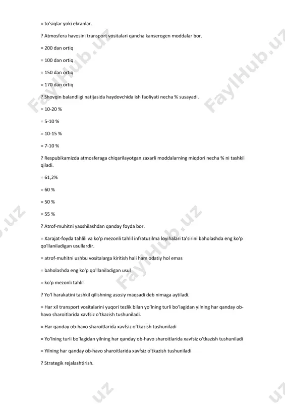 r. = barcha iqtisodiy jihat = foydali loyihalarni amalga oshirish ? o‘zbekiston respublikasi transport vazirligi tashkiliy tuzilmasi qachon tashkil topgan. = o‘zbekiston respublikasi prezidentining 2019-yil 1-fevraldagi pq- 4143-son = o‘zbekiston respublikasi prezidentining 2018-yil 1-fevraldagi pq- 4143-son = o‘zbekiston respublikasi prezidentining 2017-yil 1-fevraldagi pq- 4143-son = o‘zbekiston respublikasi prezidentining 2018-yil 1-fevraldagi pq- 4141-son ? shahar yo‘lovchi transporti faoliyati va yo‘lovchilarni tashishni tashkil etish qaysi qonunga muofiq amalga oshiriladi. = o‘zbekiston respublikasining 419-i-son 25.04.1997 shahar yo‘lovchilar transporti to‘g‘risidagi qonuniga muvofiq amalga oshiriladi. = o‘zbekiston respublikasining 410-i-son 25.04.1997 shahar yo‘lovchilar transporti to‘g‘risidagi qonuniga muvofiq amalga oshiriladi = o‘zbekiston respublikasining 411-i-son 25.04.1997 shahar yo‘lovchilar transporti to‘g‘risidagi qonuniga muvofiq amalga oshiriladi = o‘zbekiston respublikasining 412-i-son 25.04.1997 shahar yo‘lovchilar transporti to‘g‘risidagi qonuniga muvofiq amalga oshiriladi ? shahar yo‘lovchilar transporti deganda nimani tushunasiz. = o‘zbekiston respublikasi hududida ro‘yxatga olingan, shahar doirasida yo‘lovchilar hamda bagaj tashishga mo‘ljallangan avtomobil va elektr transporti tushuniladi. = shahar doirasida yo‘lovchilar hamda bagaj …