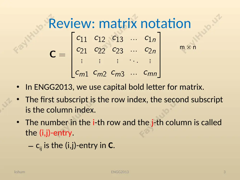 atrix} 2\\ 4\\ 6 \end{bmatrix}+ z \begin{bmatrix} 4\\ 8\\ 12 \end{bmatrix}= \begin{bmatrix} 3\\ 6\\ 9 \end{bmatrix} * algebra for linear equations kshum engg2013 * engg2013 review on notation a vector is a list of numbers. the set of all vectors with two components is called . is a short-hand notation for saying that v is a vector with two components the two components in v are real numbers. kshum engg2013 * engg2013 the set of all vectors with three components is called . is a short-hand notation for saying that v is a vector with three components the three components in v are real numbers. kshum engg2013 * engg2013 the set of all vectors with n components is called . we use a zero in boldface, 0, to represent the all-zero vector kshum engg2013 * engg2013 definition: linear combination given vectors v1, v2, …, vi in , and i real …