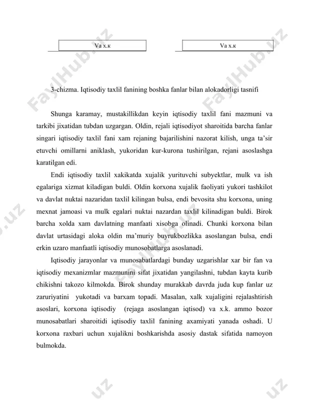 a-ket ravishda joylashtirish, guruxlash, kursatkichlarni tashki omillar ta’siridan tozalash, muvozanat va indeks usullari». i.l. batuxtin esa, xujalik faoliyati taxlili usulini ikki guruxga buladi: umimiy dialektik usul aloxida usul. bunda taxlilda kullaniladigan usullar ruyxatini keltiradi: «solishtirish usuli, deduksiya, induksiya, bulaklarga bulish, umumiylashtirish, xisob-kitob, shaxsiy kuzatish, tajriba-namuna, matematik, chizikli va muvozanat usullari». birok bu usullar i.l.batuxtinning taxlil fanining usuli, deb xisoblagan usullar ruyxatiga kirmasdan kolgan. ammo uning kitobida uzi e’tirof etmasada, biz ta’kidlagan usullardan keng foydalanilgan. m.i.bakanov «xujalik jarayonlarining shakllanishi va tarakkiyotini urganishga dialektik yondoshish usuli iqtisodiy taxlilning usulidir», deb ta’kidlaydi. xuddi shunday fikrni a.d.sheremet, o.r.kmitsikevich va i.i. karakoz kabi olimlar xam kullashgan. bir gurux mualliflar ye.p.jarkovskaya, k.g.romanova va s.s. romanovalar xujalik faoliyati taxlili fanini iqtisodiy fan sifatida karab, uning usulining nazariy asosi dialektik materializm bilan birgalikda siyosiy iqtisod fani xam deb uktiradilar. ularning ta’kidlashicha « xujalik faoliyati taxlili usulining ilmiy asosi dialektik materializm va siyosiy iqtisoddir». bu fikrni oydinlashtirish maksadida kuyidagilarni …