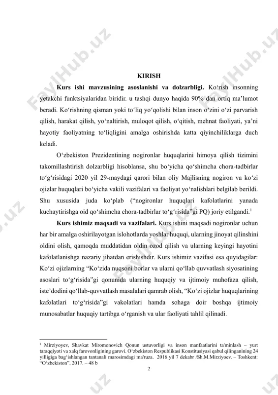 konstitusiyasi qabul qilinganining 24 yilligiga bag‘ishlangan tantanali marosimdagi ma'ruza. 2016 yil 7 dekabr /sh.m.mirziyoev. – toshkent: “o‘zbekiston”, 2017. – 48 b] kurs ishimiz maqsadi va vazifalari. kurs ishini maqsadi nogironlar uchun har bir amalga oshirilayotgan islohotlarda yoshlar huquqi, ularning jinoyat qilinshini oldini olish, qamoqda muddatidan oldin ozod qilish va ularning keyingi hayotini kafolatlanishga nazariy jihatdan erishishdir. kurs ishimiz vazifasi esa quyidagilar: koʻzi ojizlarning “koʻzida nuqsoni borlar va ularni qoʻllab quvvatlash siyosatining asoslari toʻgʻrisida”gi qonunida ularning huquqiy va ijtimoiy muhofaza qilish, isteʼdodini qoʻllab-quvvatlash masalalari qamrab olish, “koʻzi ojizlar huquqlarining kafolatlari toʻgʻrisida”gi vakolatlari hamda sohaga doir boshqa ijtimoiy munosabatlar huquqiy tartibga oʻrganish va ular faoliyati tahlil qilinadi. kurs ishing obyekti va predmeti. kurs ishimizning obyekti – bu koʻzi ojizlar va ularnig oʻz faoliyatidagiga nisabatan oshirilayotgan qonuniy chora va tadbirlar, yaratayotgan imkoniyatlari misol boʻla oladi, aynan shularni biz kurs ishimiz obyekti deb olishimiz mumkin. kurs ishimizning predmeti – ularni qonuniy va ijtimoiy huquqiy …